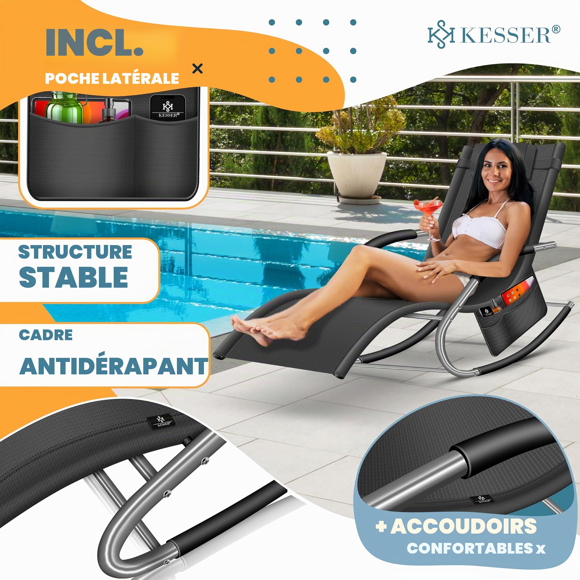 KESSER Chaise de jardin à bascule - Ergonomique - Coussin - Résistant aux intempéries - Charge maximale : 150 kg - Anthracite