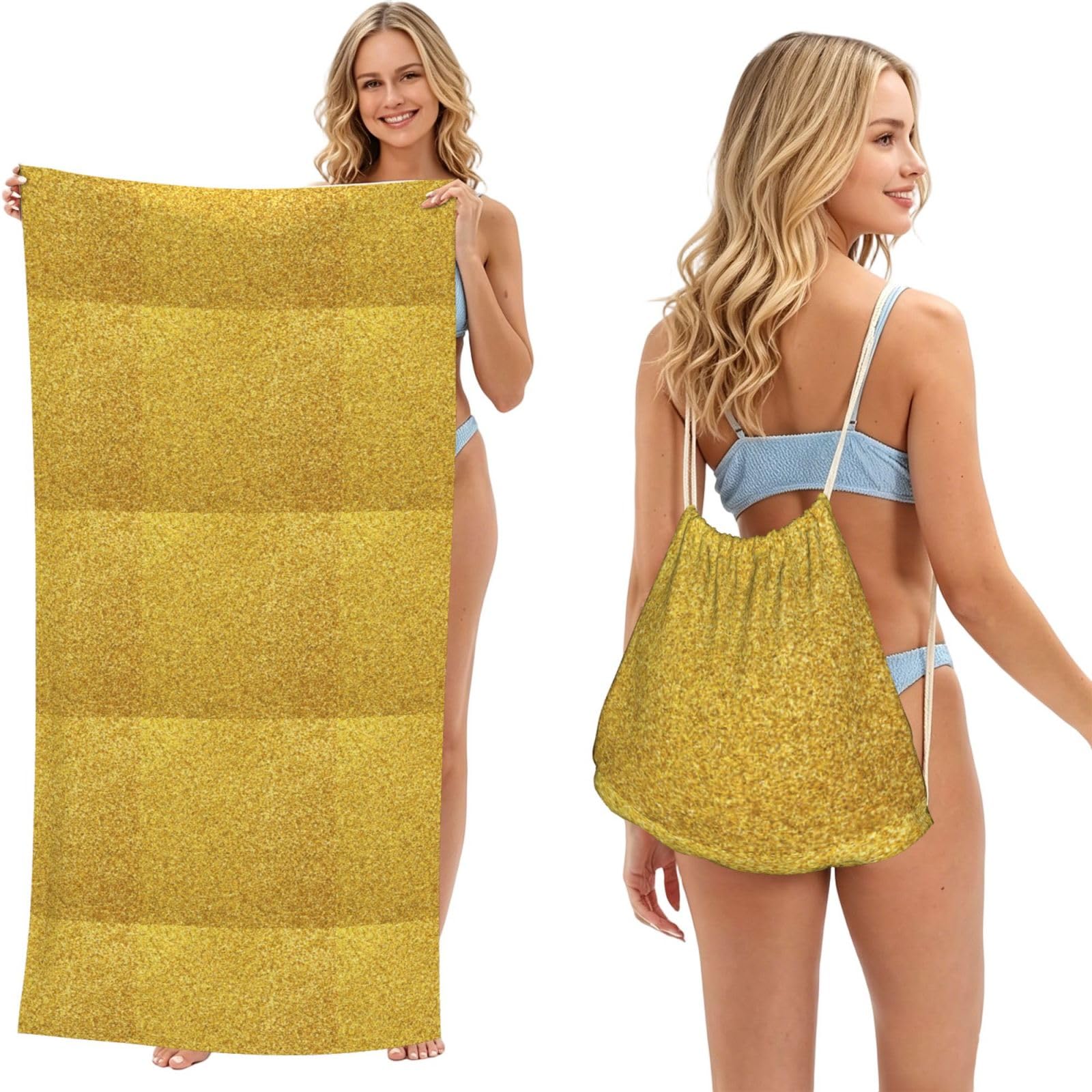 Poadnly As Picture Gold Sparkles, 2 In 1 Packable Towel Bag, Beach Towels With Drawstring Backpack For Travel Holiday Camping