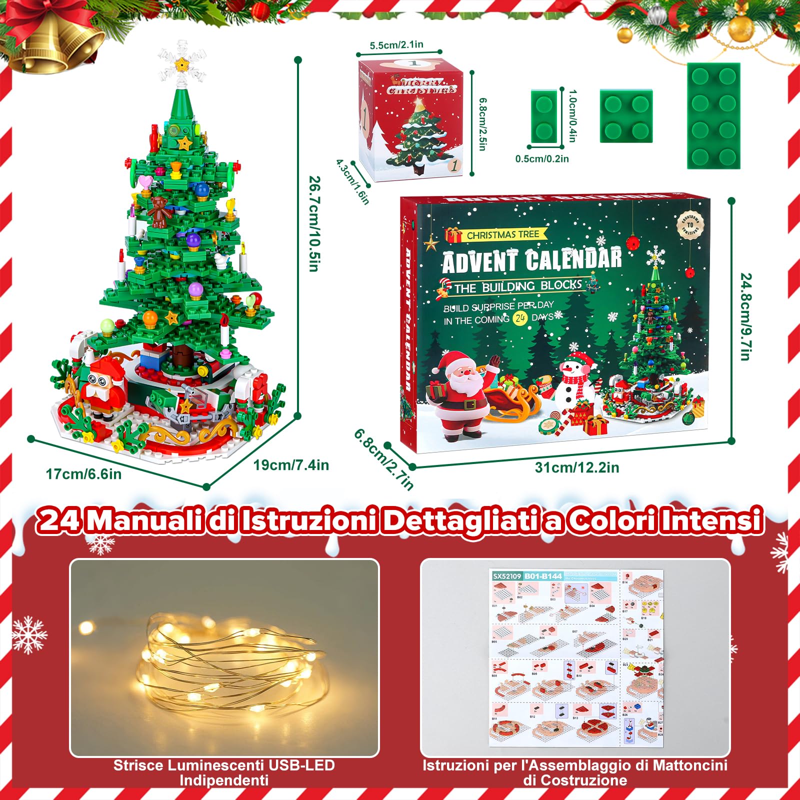 YOOHBERRYS Calendario Avvento 2025 Bambini, 24 in 1 Calendario dell'Avvento Rotante, 701 Pezzi Albero di Natale Mattoncini da Costruzione Giocattolo con Luce LED, Regalo di Natale per Bambini e Adulti