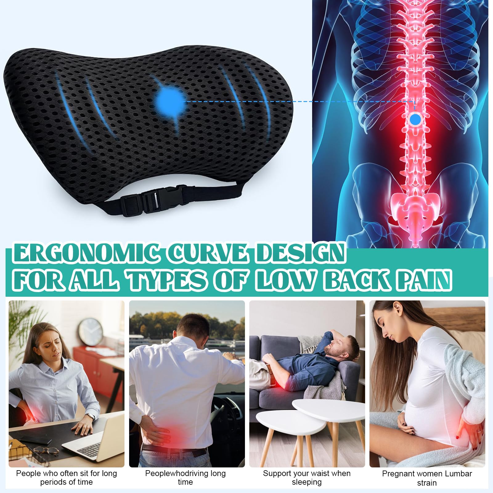 Ergonomiczna poduszka lędźwiowa, ortopedyczne wsparcie pleców z pianki z pamięcią kształtu, do krzesła biurowego, samochodu i domu, oddychająca i nadająca się do prania