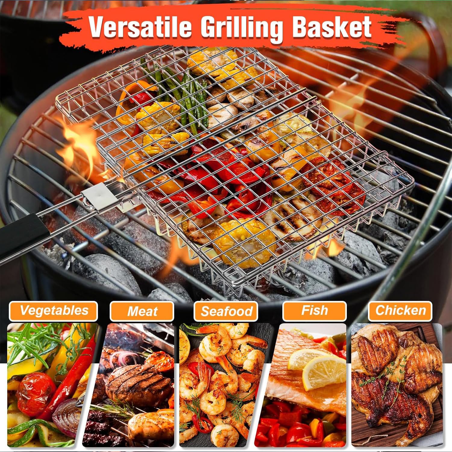 Panier Grille pour Barbecue, Panier à Rôtir à Poisson, Portable, Pliable avec Poignée, Accessoires de Barbecue, Grille de Barbecue Portable pour Poisson Légumes Steak de Crevettes(32 x 22,5 x 4 cm)