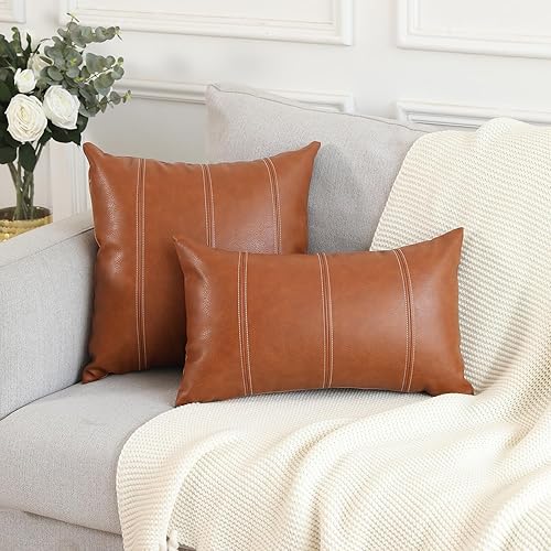 Miniatura 9 de MANDIOO Juego de 2 fundas de cojín de piel sintética de estilo bohemio a rayas de 26 x 26 pulgadas, modernas, cuadradas, decorativas, para sala de