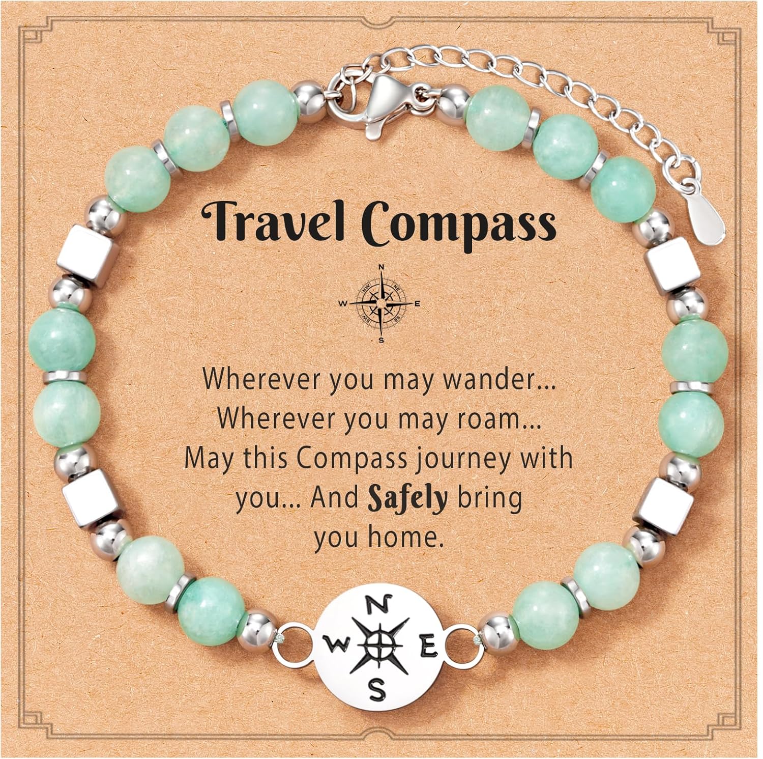 Shonyin Travel Gifts for Women, Natural Amazonite Stone Compass Bracelet for Travelers