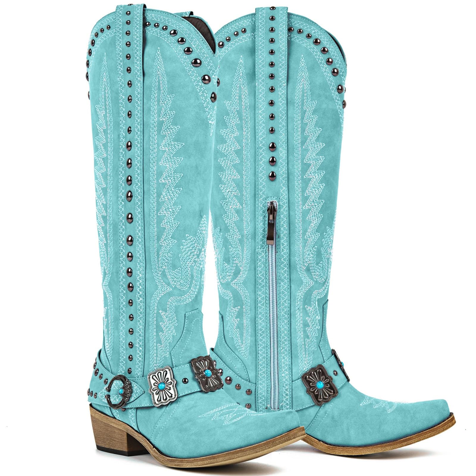Yolkomo Cowboy Boots for Women Knee High Western Cowgirl Boots with Embroidery Belt Buckle Chains