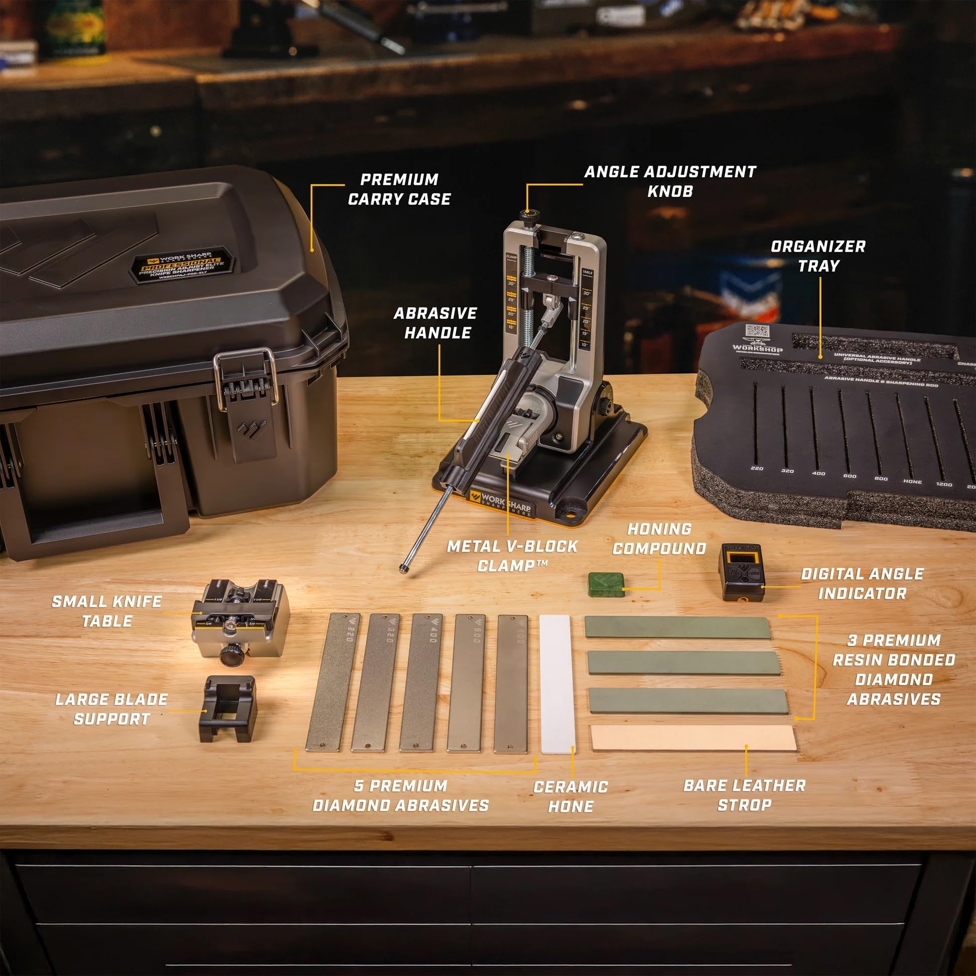 WORK SHARP® Professional Precision Adjust Elite Knife Sharpener - Profi Schärf-System - Messer-Schleifer Set mit digitaler Winkel-Einstellung & -Führung - Messer-Schärfer mit 10 Platten im Koffer