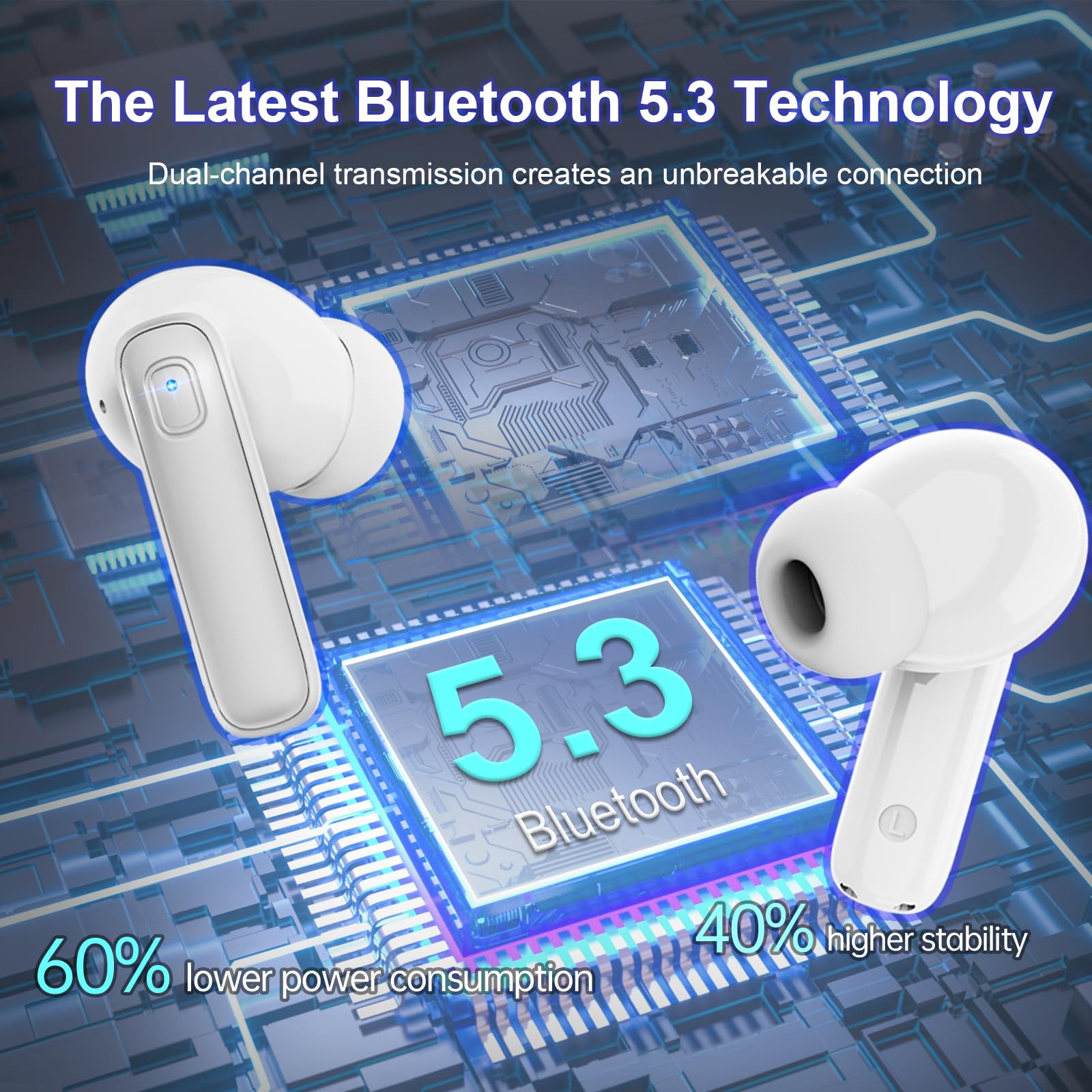 Cuffie Bluetooth, Auricolari Bluetooth 5.3 Stereo HiFi, 2025 Cuffie Wireless In Ear con 4 ENC HD Mic Cancellazione Rumore, Cuffie Senza Fili 40H LED Display IP7 Impermeabil, Auricolare USB-C Bianco