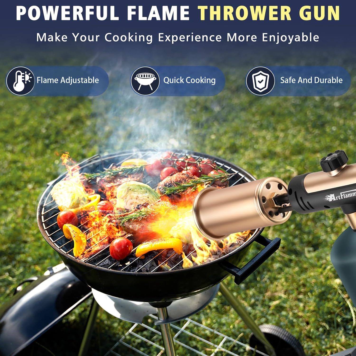 ARTFLAMM Linterna de propano con modo turbo, pistola lanzallamas con bloqueo de seguridad, pistola de soplete para cocinar, cabezal de antorcha de cocina para parrilla, filetes, barbacoa, encendedor