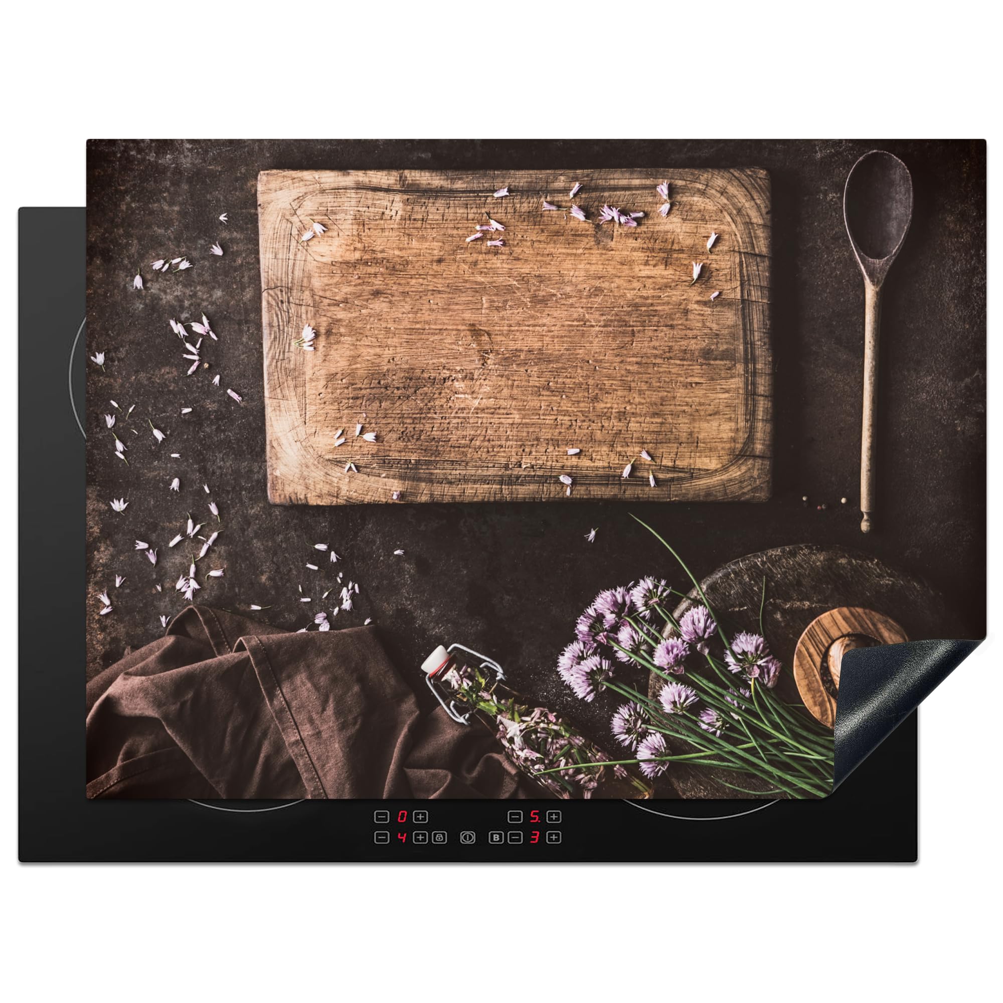 KitchenYeah© Induction Hob Protector Mat 20.5"x27.6" / 70x52 cm Cooker Top Protectors Cover Ceramic Covers Electric Hobs Vinyl Cutting Board - Spices - Spoon - Kitchen - Rustic