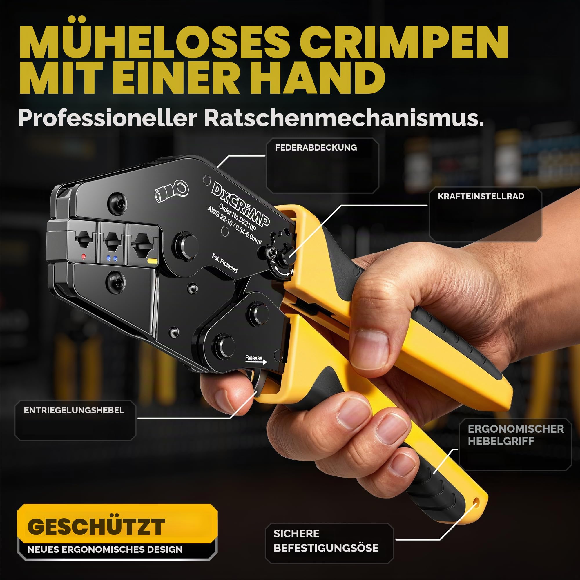 DxCRIMP Crimpzange Kabelschuhe Set, 0,34-6mm², 45 Arten isolierte Quetschverbinder und Ratschen-Kabelschuhzange - Ring-, Gabel-, Stift- und Flachsteckhülsen Sortiment - für Kfz, Haus & Elektrik
