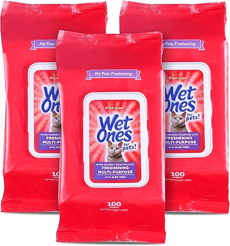 Wet Ones Toallitas multiusos para refrescar mascotas para gatos con aloe vera, 100 unidades - paquete de 3 Toallitas de limpieza para gatos fáciles