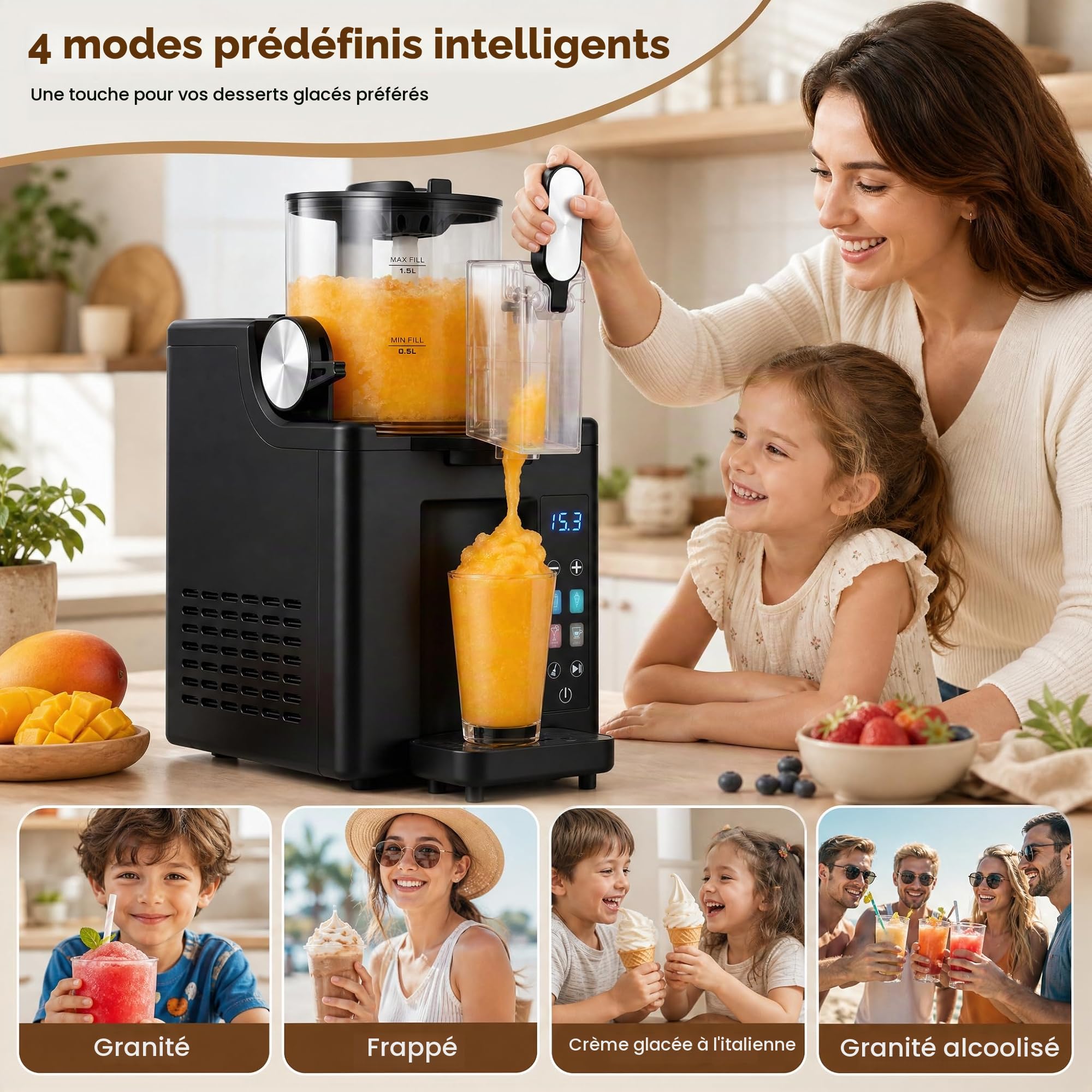 LIFEZEAL Machine à Glace 1,5L, Machine à Granités avec 4 Programmes