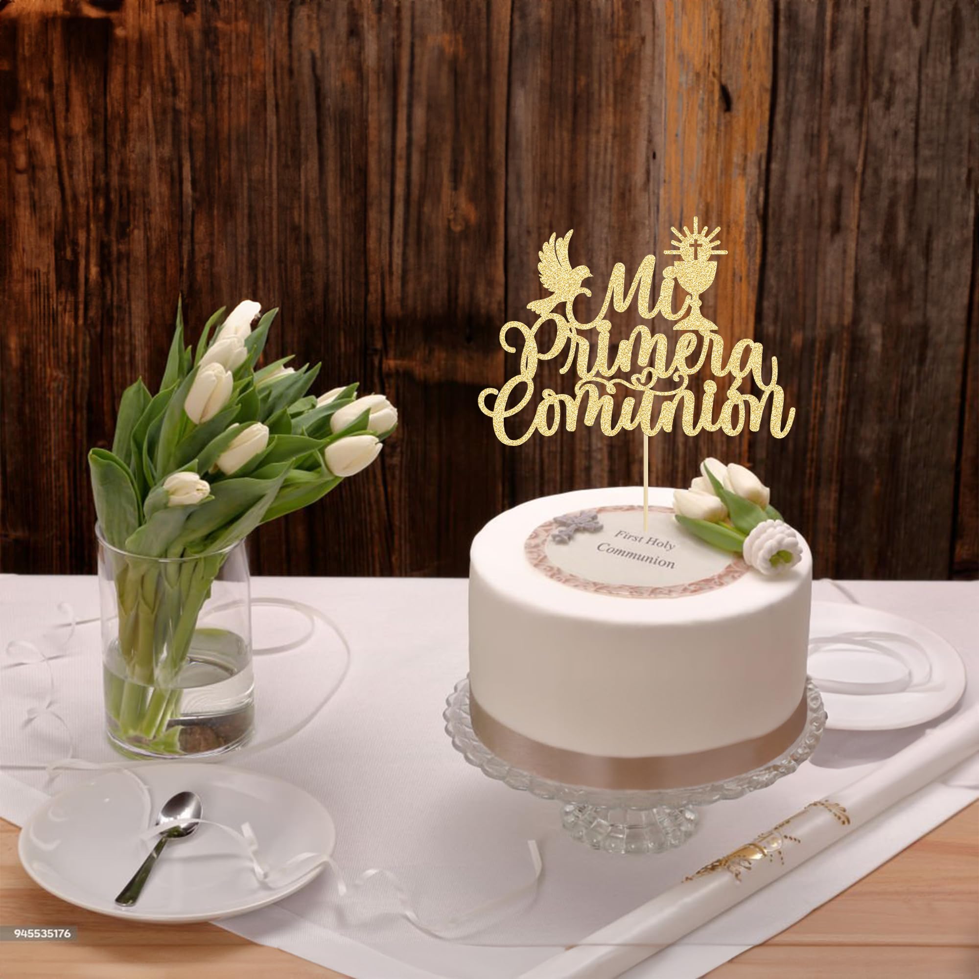 Gold Glitter First Communion Cake Topper - "God Bless" Decorations For Kids, 1-Pack, 7.8" Height