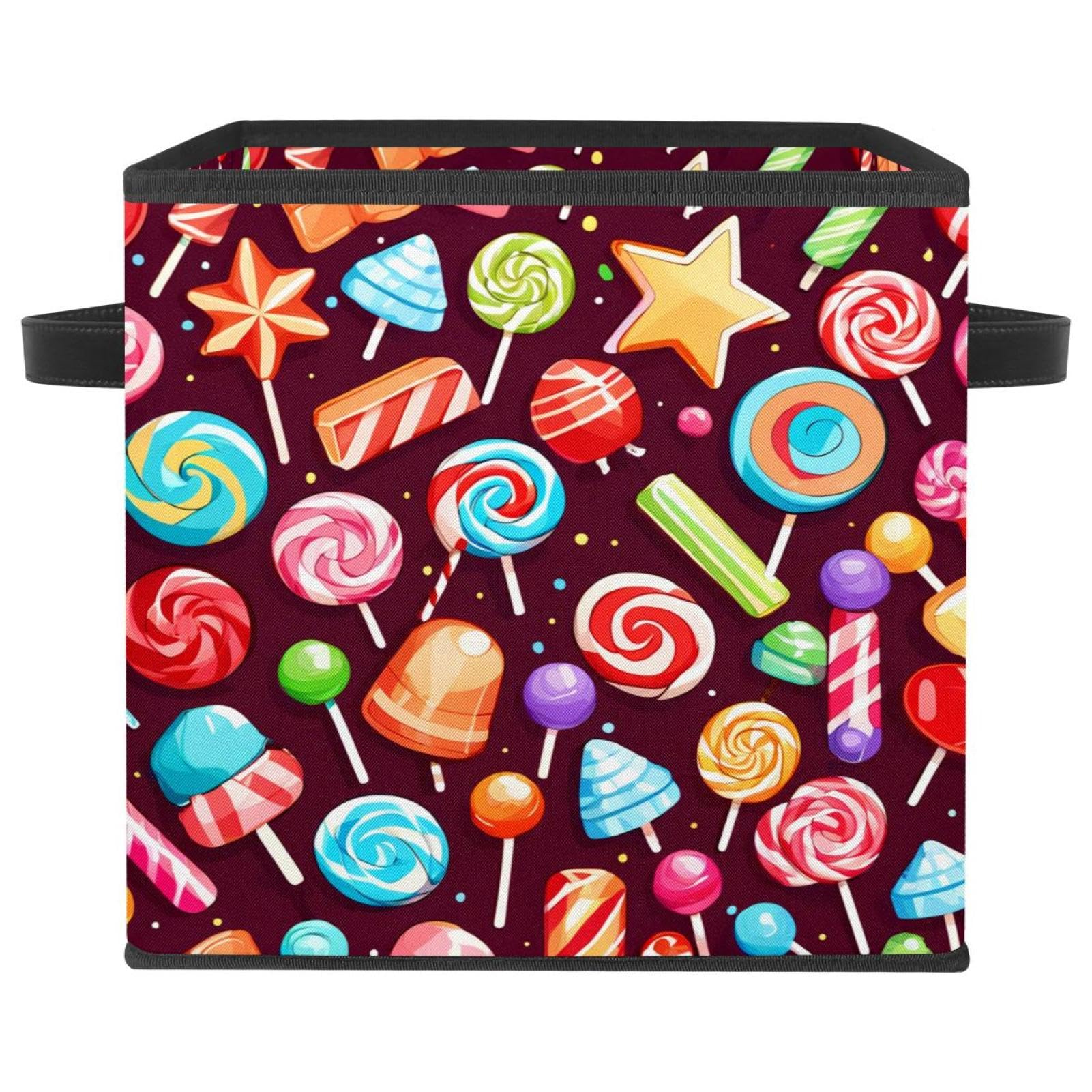 Grand bac de rangement cube pliable rouge motif bonbons et poignées cuir