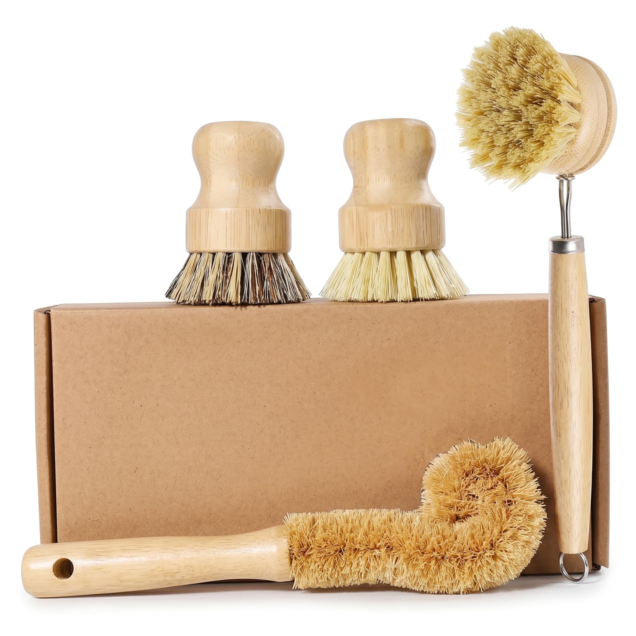 Ameble 4-Piece Natural Wooden Dish Brush Set with Coconut Palm & Sisal Bristles, Non-Scratch Fiber Brushes for Kitchen Cleaning, Pots, Pans, Vegetables
