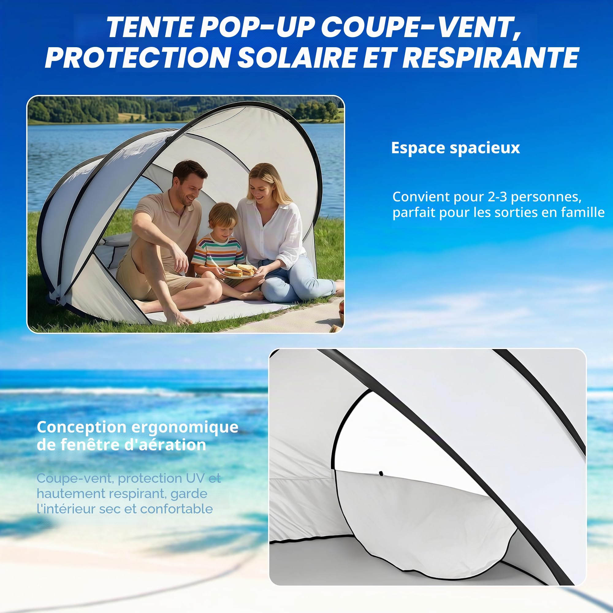 Abri de Plage Pop Up Tente de Plage Automatique Portable avec Protection | UV 50+ et Coupe-Vent, Tente Pare-Soleil pour 2-3 Personnes, Camping Jardin Plage, Bleu