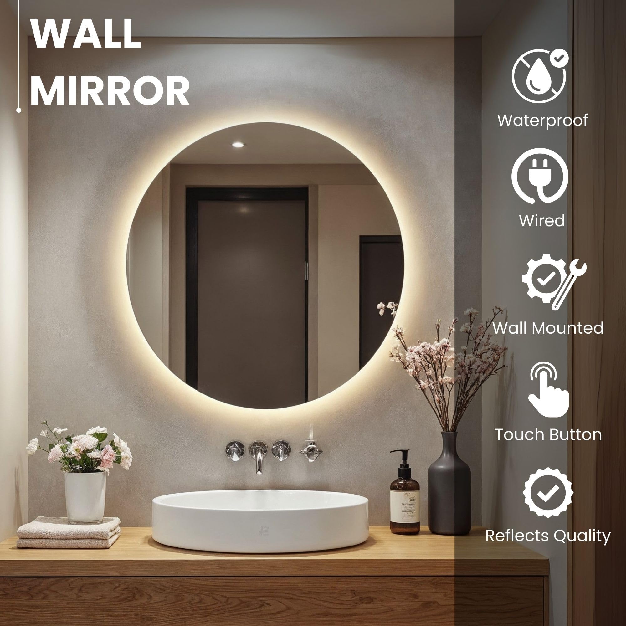 Miroir Salle De Bain Avec Éclairage LED. Miroir Mural Rond Avec Anti-Buée, 3 Couleurs Réglables Et Dimmable, Avec Horloge Et Température. Idéal Pour La Salle De Bain Ou Coiffeuse. (50cm