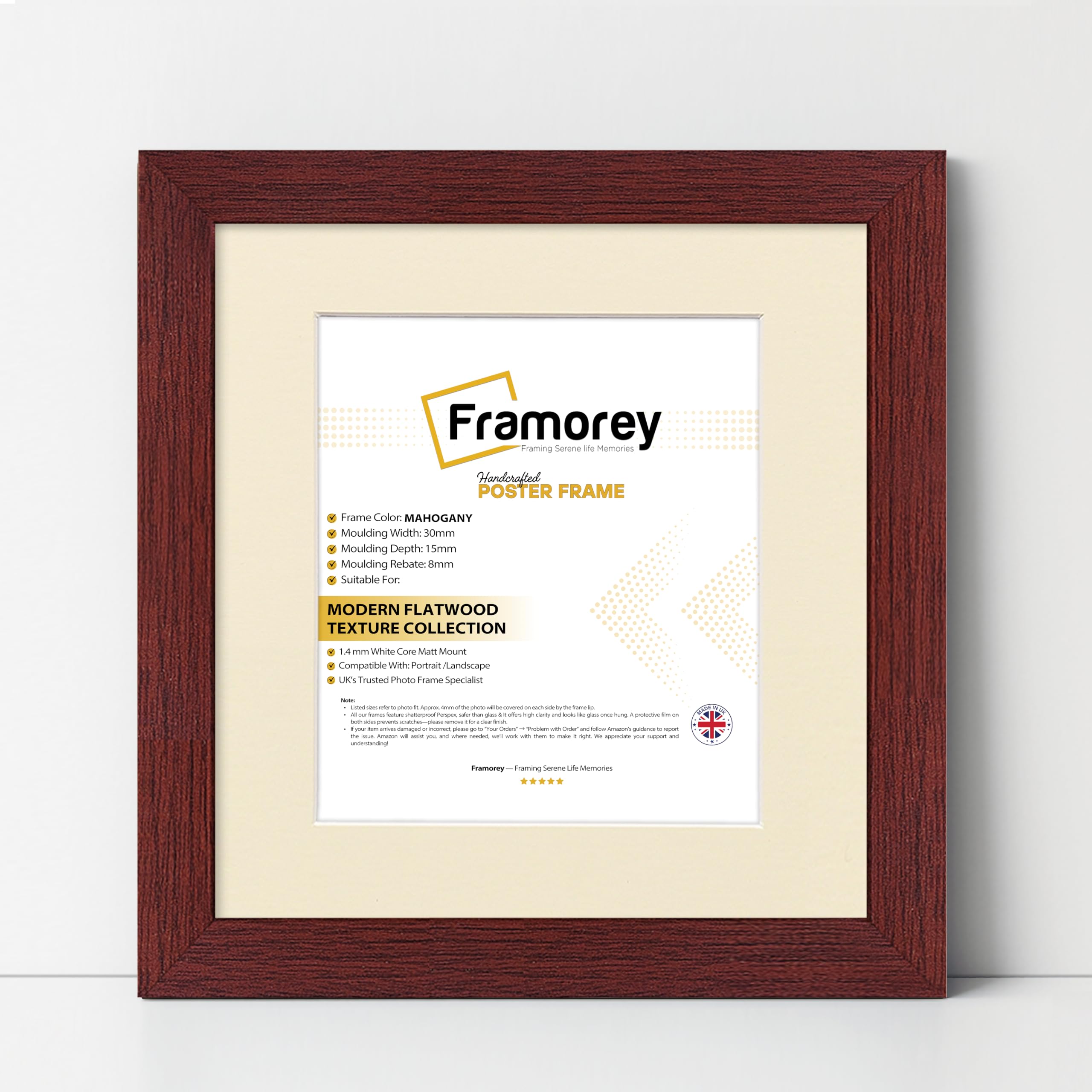 Framorey Framing Serene Life Memories Mahogany With Ivory Mount Framorey Square Oxford Flat Wooden Effect Picture Frame, 11X11" Size Mahogany Photo Frame With 9X9" Size Ivory Mount, Photo Print Frame, Best Photo Frames For Birthday Gift