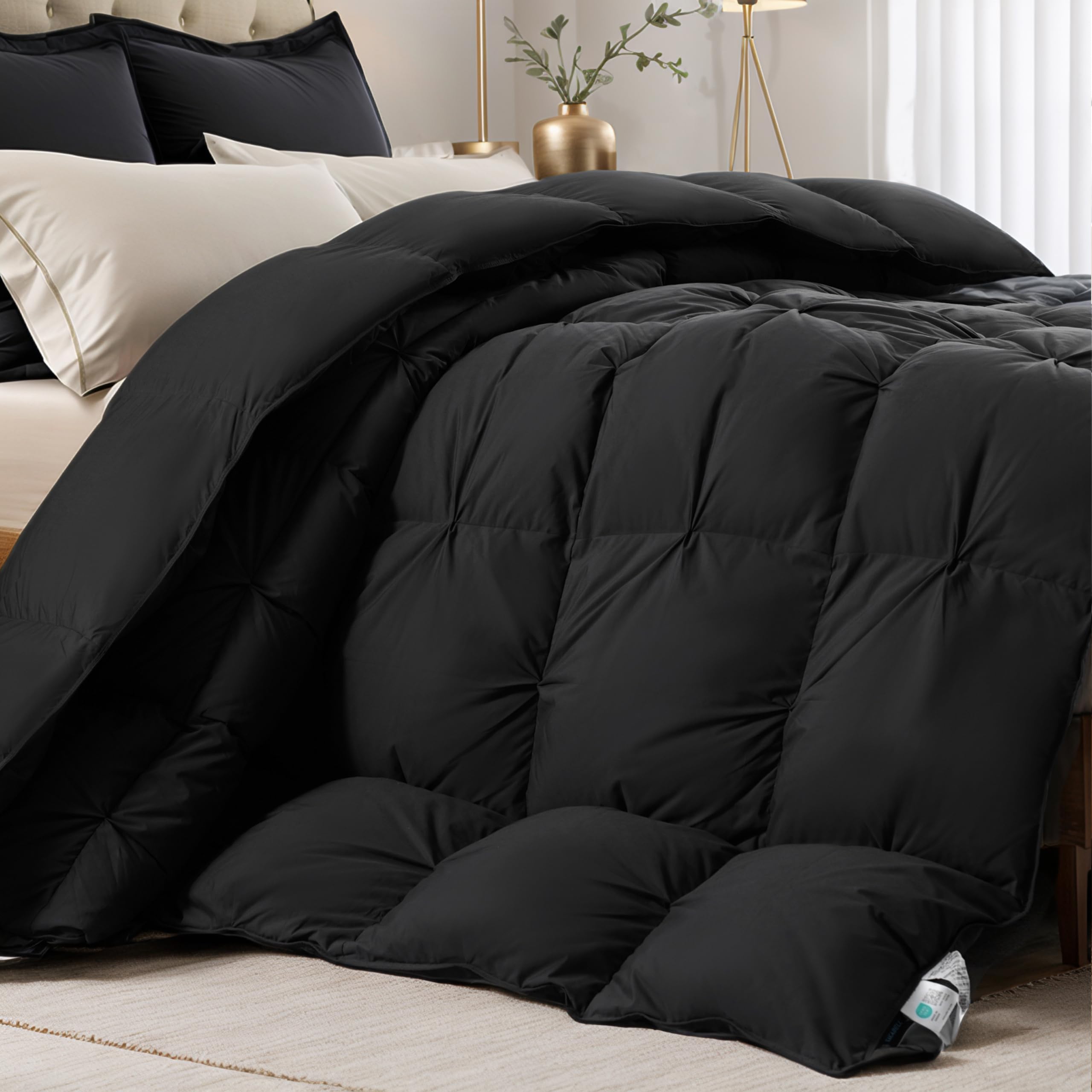 KAKABELL Pinch Pleat Goose Down Feather Fiber Comforter Calking Size, Breathable Fluffy Black Duvet Insert with Cotton Blend Fabric, 750+Fill Power All Seasons Hotel-Quality Bed Comforter 98" x 108"