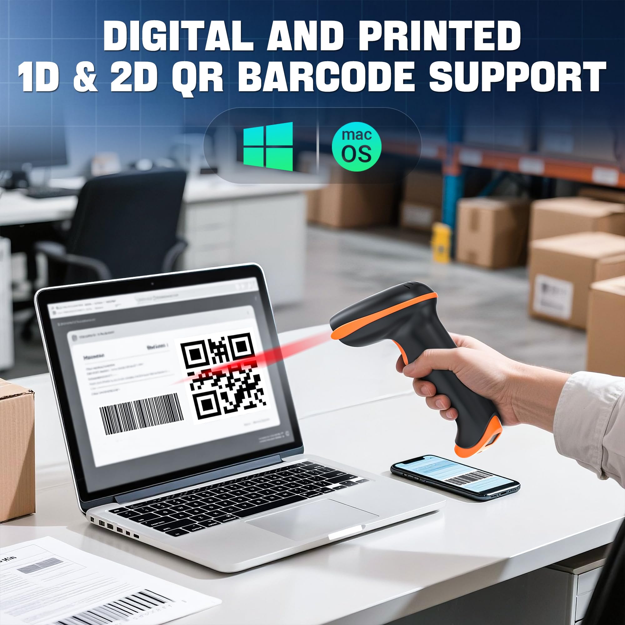 Tera Escáner de Código de Barras 1D 2D QR Inalámbrico 2.4G + USB 2.0 con Cable Mano Lector de con El Soporte Plegable Ajustable y la Base de Carga se Pueden Montar en la Pared, D5100-Z