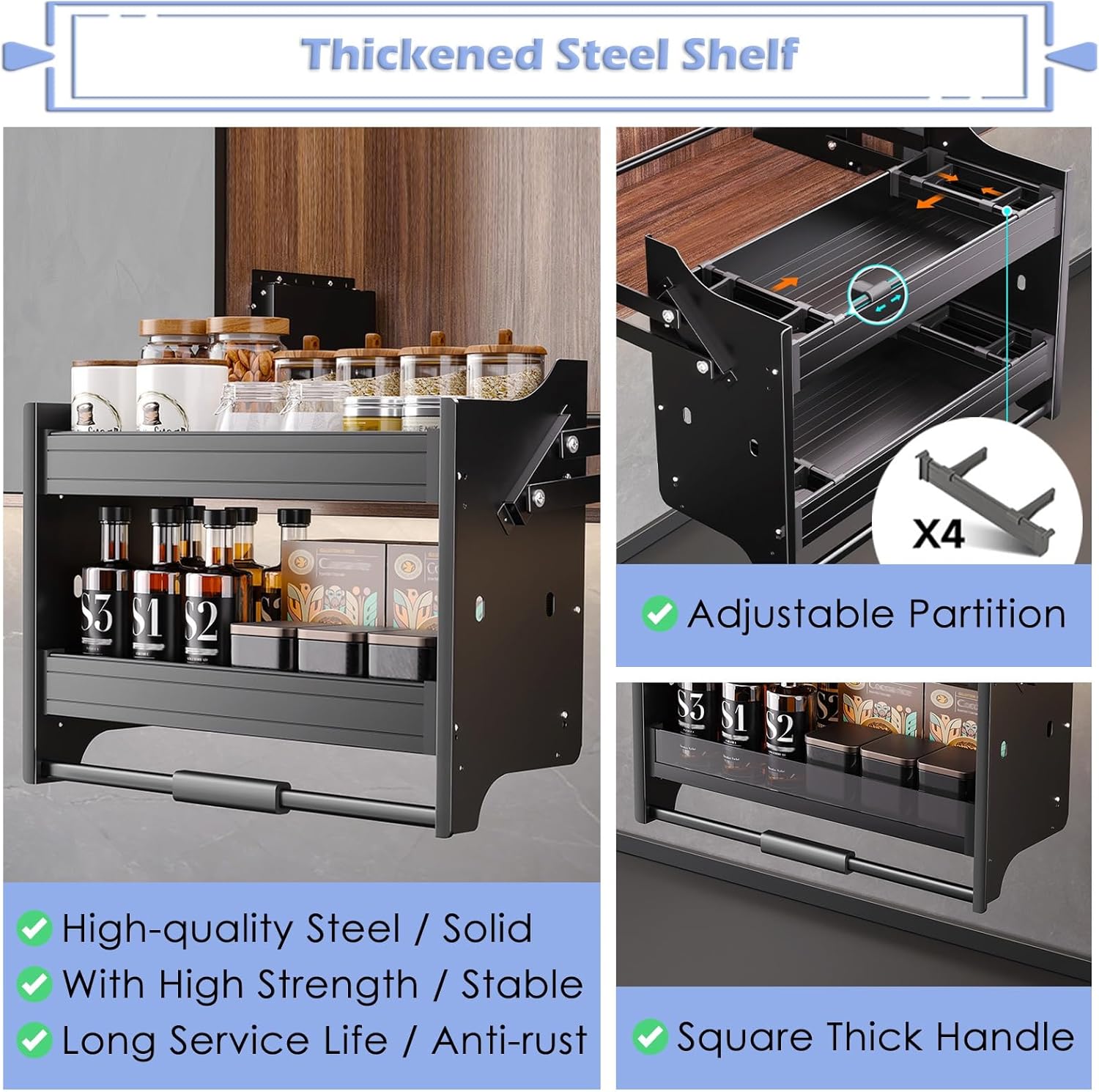 24 Inch Pull Down Shelf for Upper Cabinets 18 20 22 in 26 28 30 32 34", 2 Tier Kitchen Pull Out Cabinet Organizer, Large Drop Down Spice Rack Store Snacks Utensils(71x26x53cm/28x10.2x20.8in)