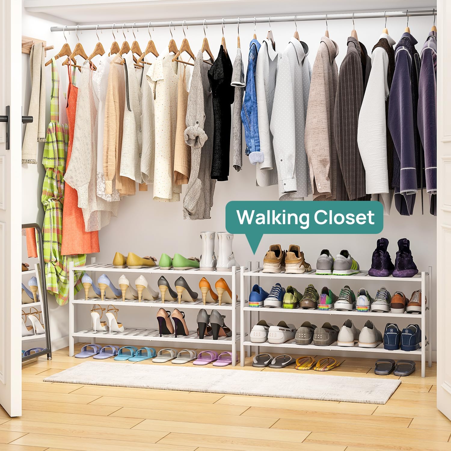 viewcare 3-tier long shoe rack, bamboo wood shoe rack for closet, entryway & hallway, stackable white shoe shelf storage organizer for indoor outdoor 3-tier long white