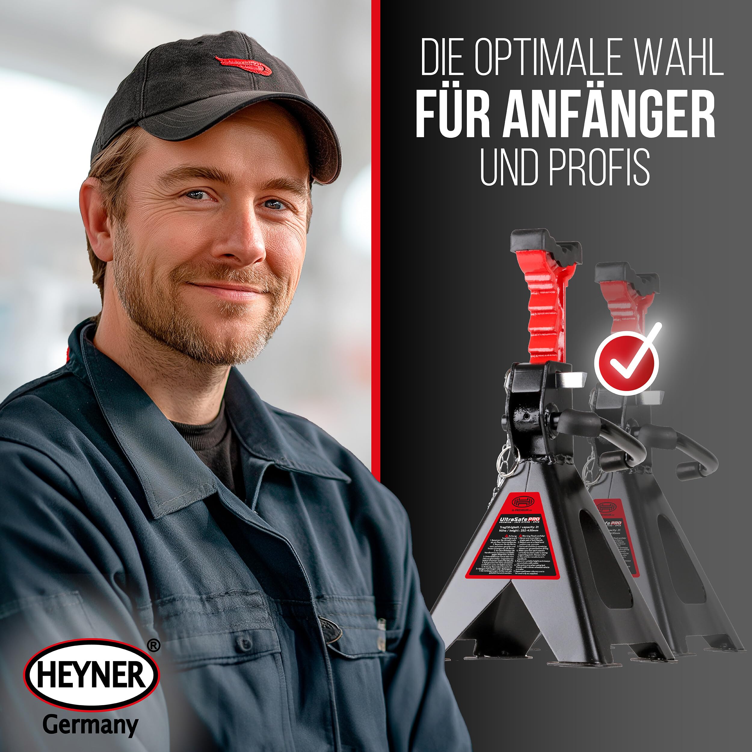 HEYNER® Unterstellbock 2er Set mit Gummiauflage Hubhöhe 282-430 mm TÜV/EAW-Zertifiziert Traglast 2t Stützbock Stützfuß 10-Fach Höhenverstellbar