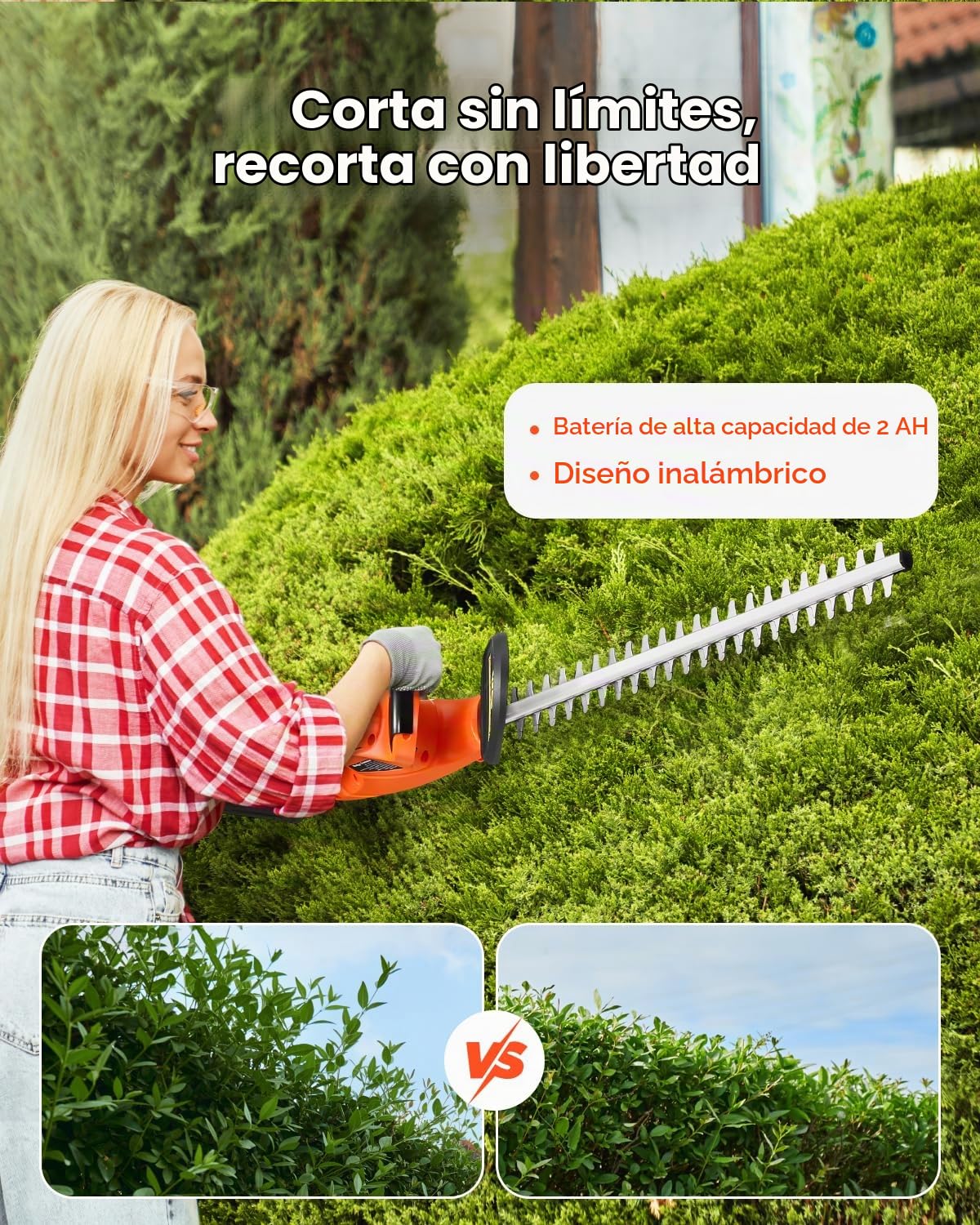 VEVOR Cortasetos Eléctrico, 1200 RPM Cortasetos Inalámbrico con Cuchilla de Doble Acción de 510 mm y Diseño Seguro, Batería de 2 A, para Ramas Bajas, Jardinería, Cuidado del Césped del Patio