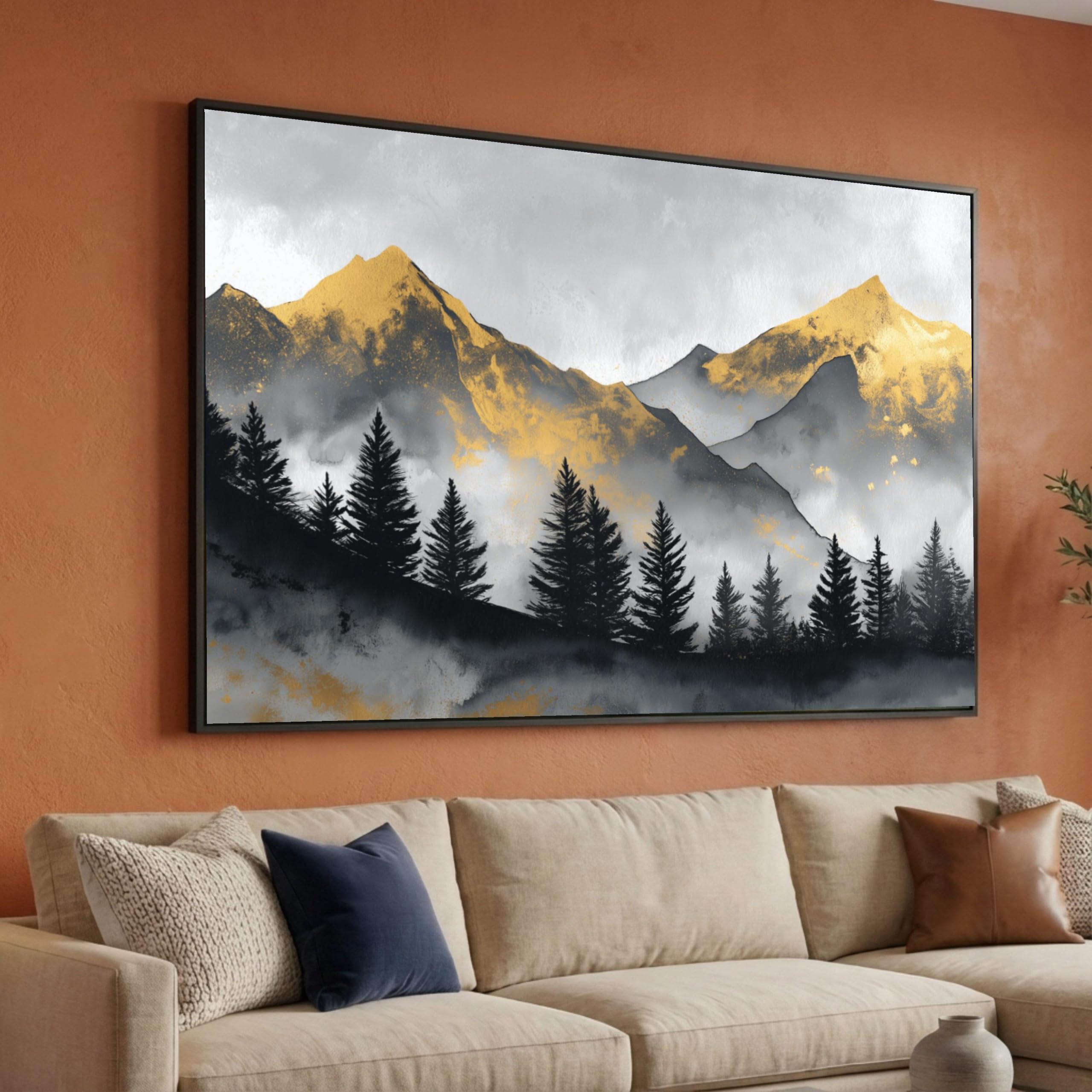 XINBAO Obraz na płótnie w stylu vintage z rustykalnym krajobrazem górskim, złote akcenty, sylwetka lasu sosnowego, naturalny krajobraz (40 x 60 cm/rama wewnętrzna)