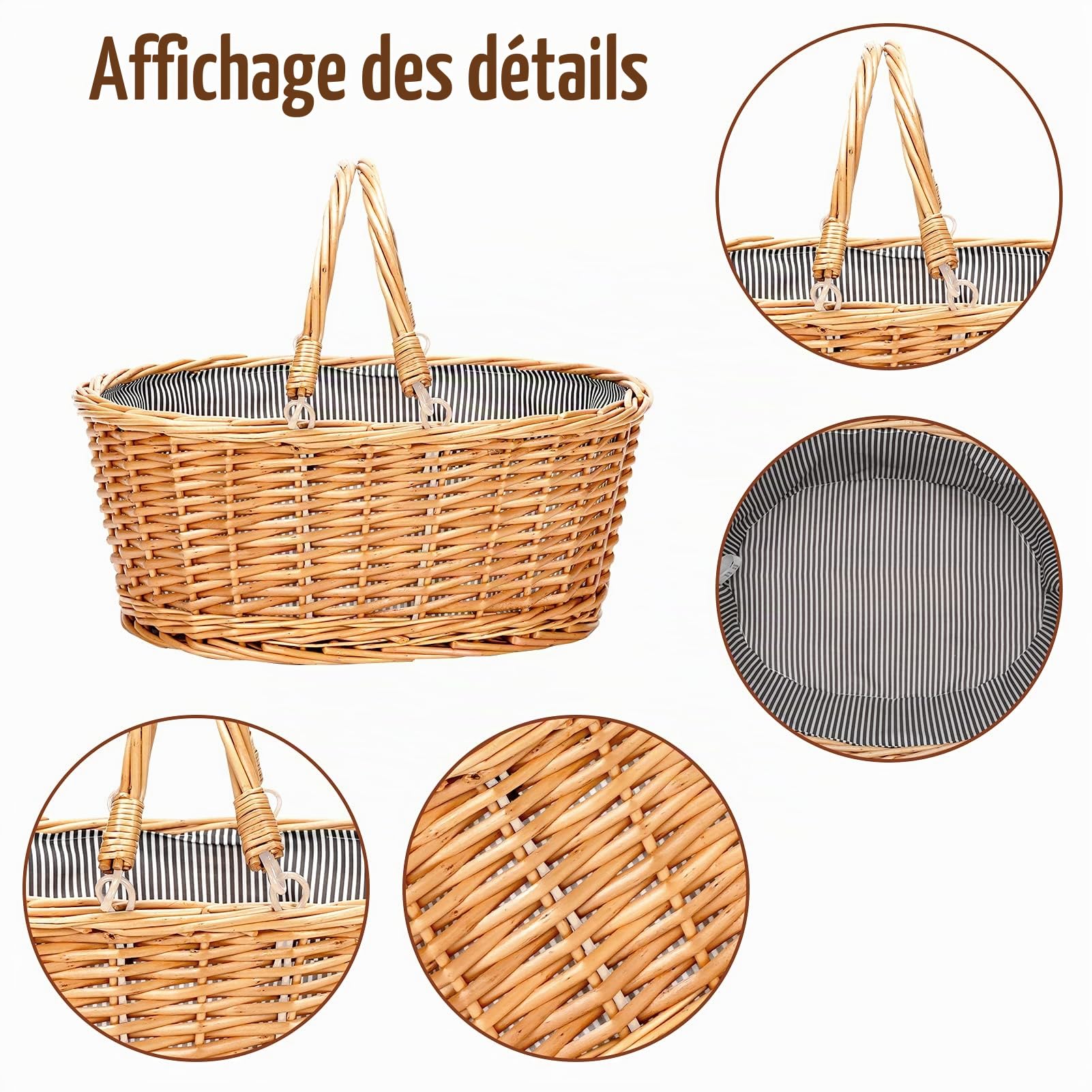 Panier de pique-nique en osier avec deux poignées pliantes, grand panier vide en saule naturel pour œufs de Pâques, bonbons, vin, jouets, fleurs, mariage (gris, 40,6 cm)