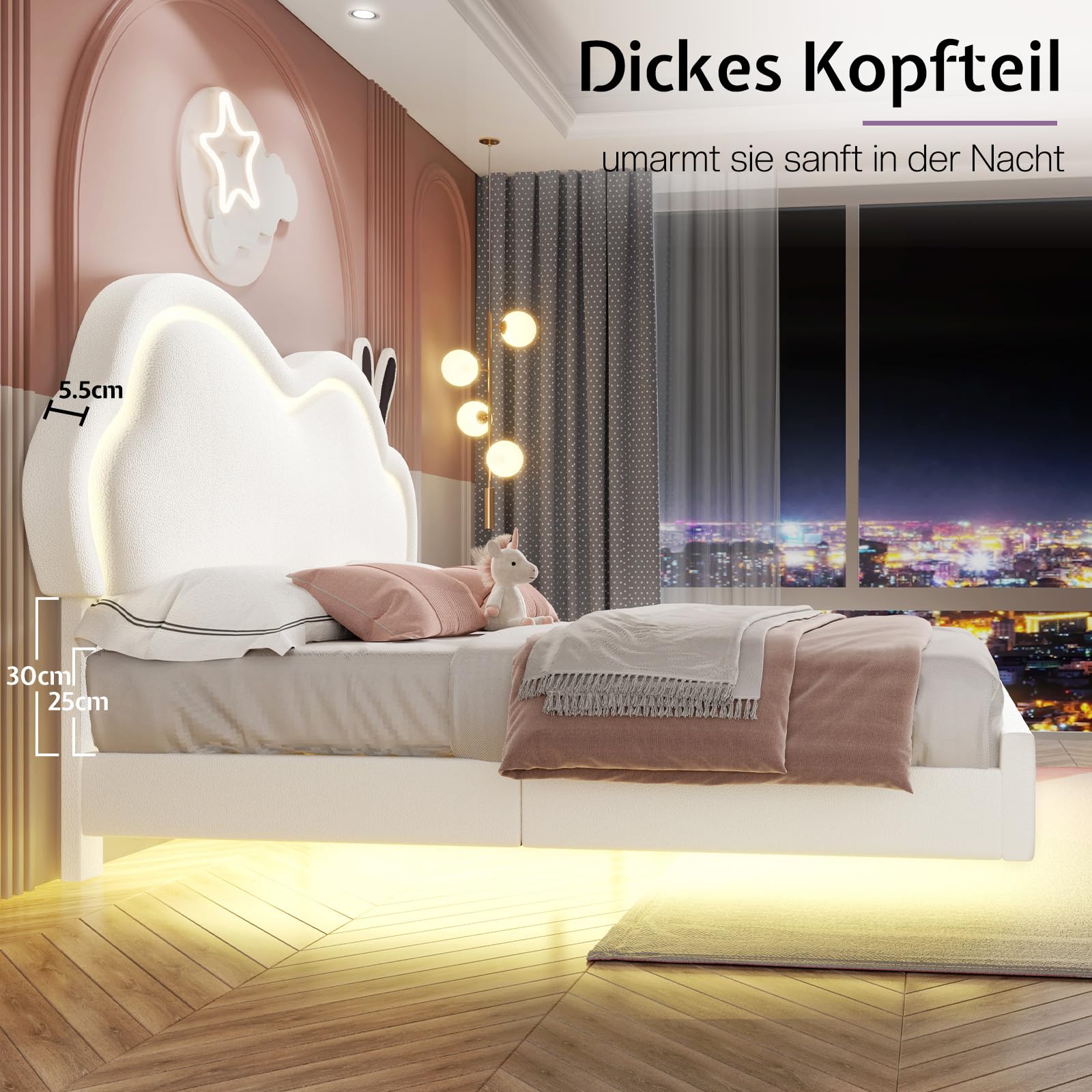 LUXOAK Hasen Kinderbett 140x200cm mit LED-Lichtern, Leder Polsterbett Weiß | Wolken-Kopfteil mit Hasenohren | höhenverstellbar + steuerbare LED | sicheres schwebendes Design | bis 360kg belastbar