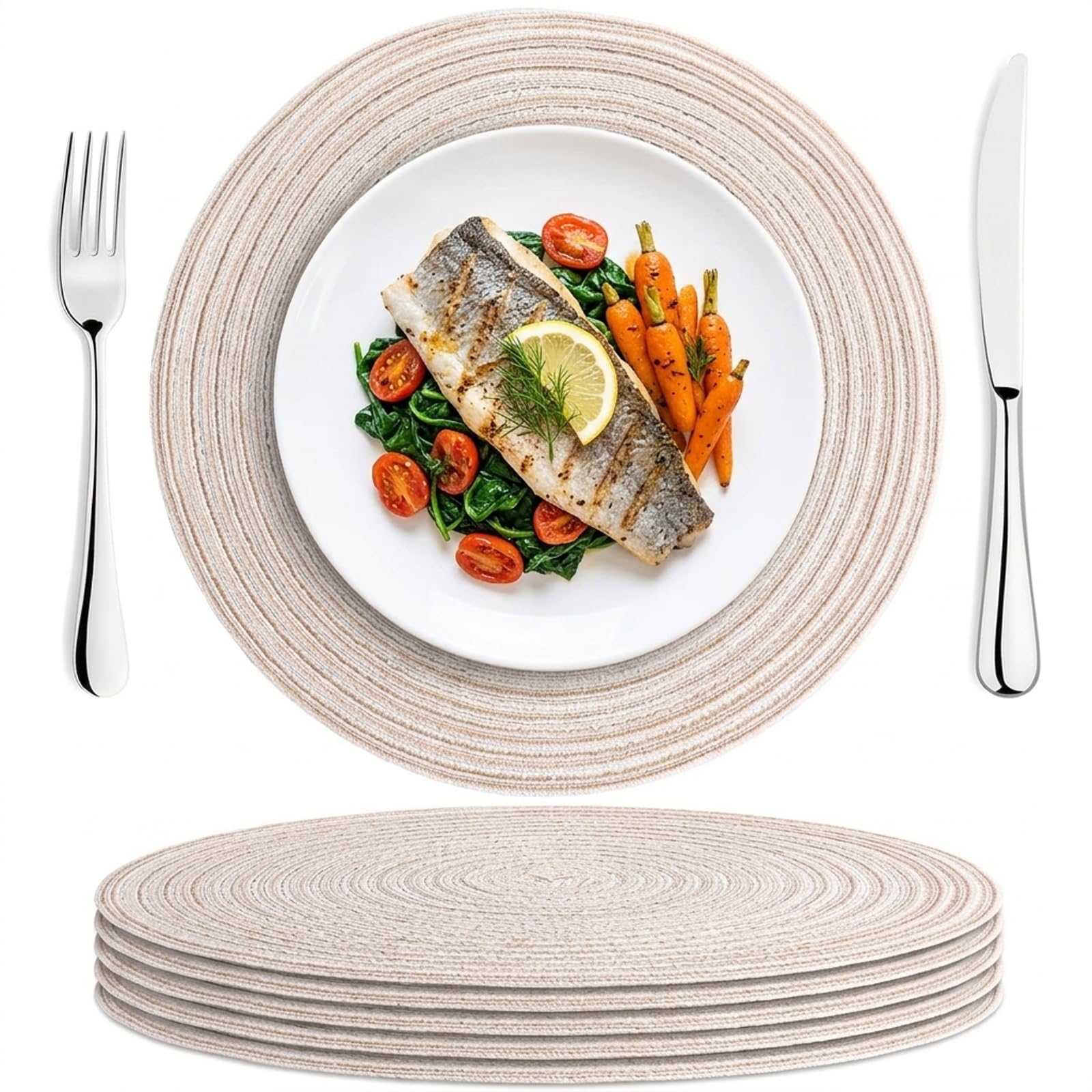 Round Woven Placemats Set of 4, Heat Resistant Braided Woven Place Mats for Table, Non-Slip & Washable Table Mats for Dining, Kitchen, Cream Placemats for Home & Restaurant (30 x 30 cm)