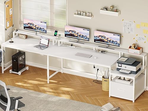 Miniatura 8 de SEDETA Escritorio blanco para juegos en forma de L, escritorio de oficina en casa de 66 pulgadas con cajón de archivos, toma de corriente y luces