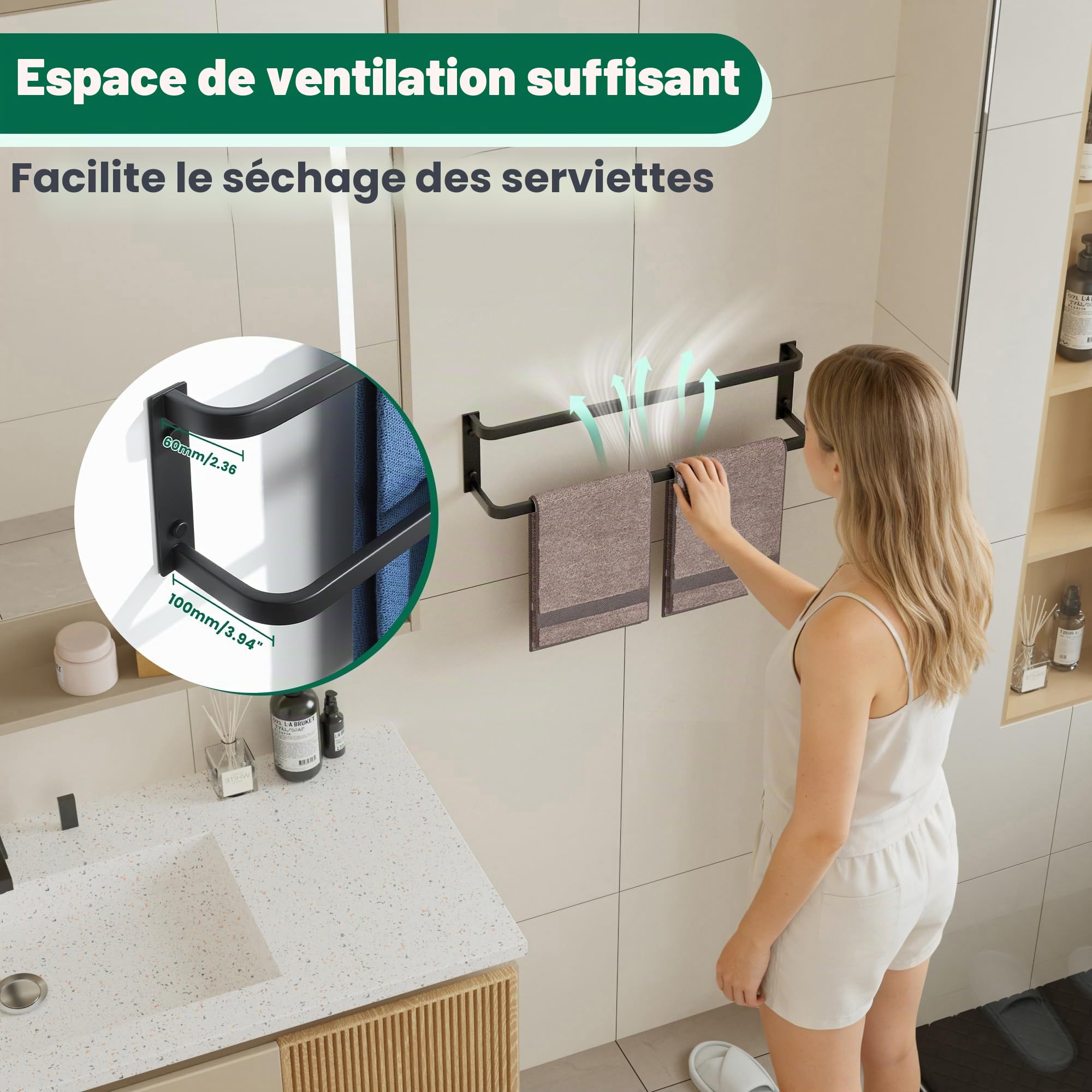 Mooche Porte-Serviettes Mural à 2 Niveaux, 60 CM, en SUS304, Noir | Barre Porte Serviette Pratique en Acier Inoxydable SUS304 Pour Cuisine et Salle de Bain, Facile à Installer