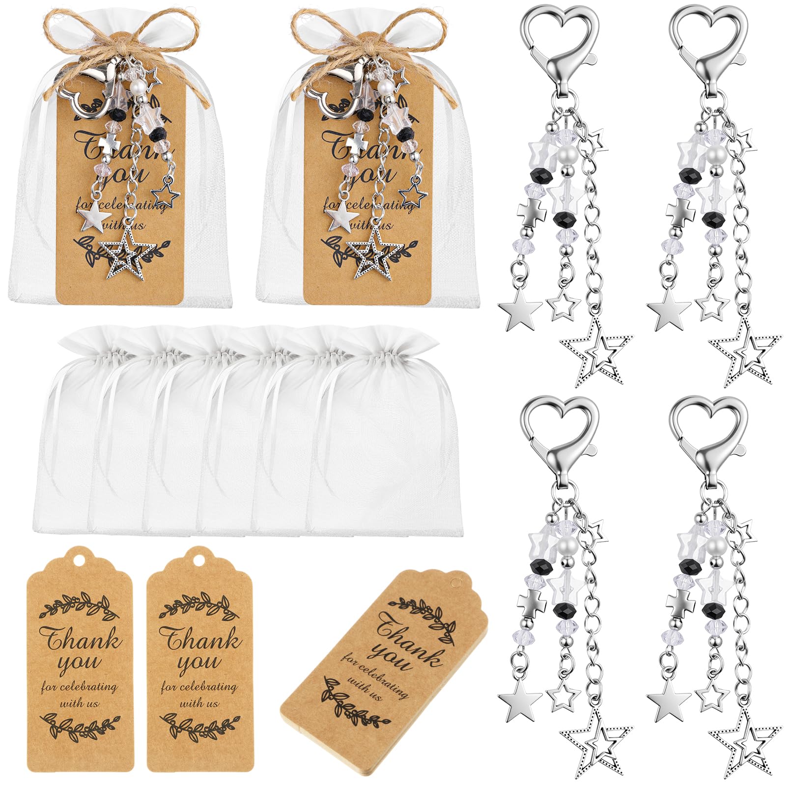 Ecation 20 Set Y2K Keychain Party Favor Gift Set Cute Star Heart Keyring Bag Charms with Thank You Tags Organza for Guests Women Purse Souvenir Wedding Bridal Supplies