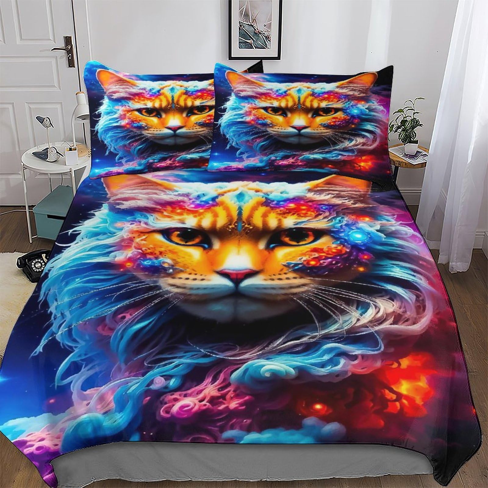 Housse de couette chat 220x240 cm avec taies en microfibre pour lit king size