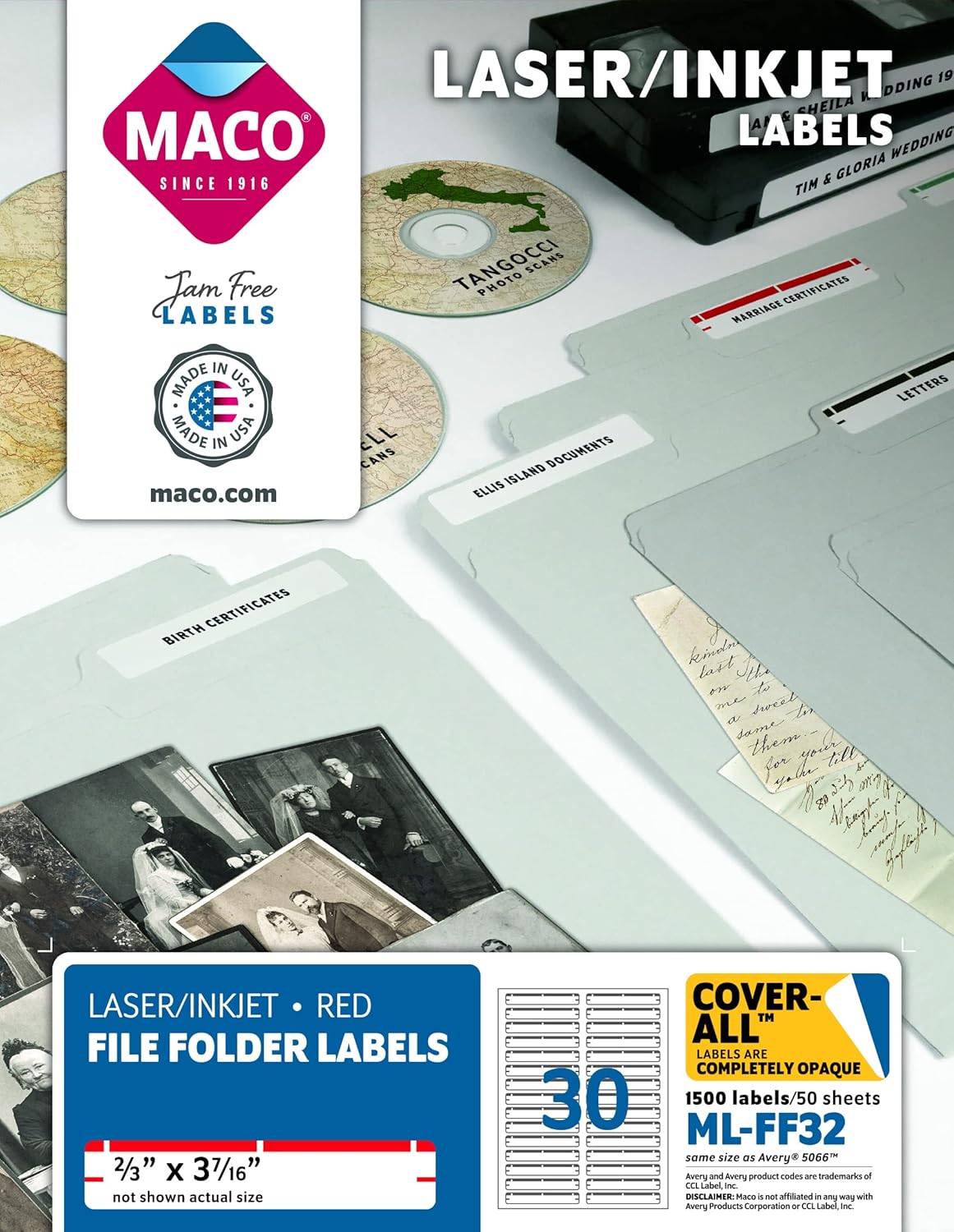 MACO Laser/Ink Jet Red File Folder Labels, 2/3 x 37/16 Inches, 30 Per