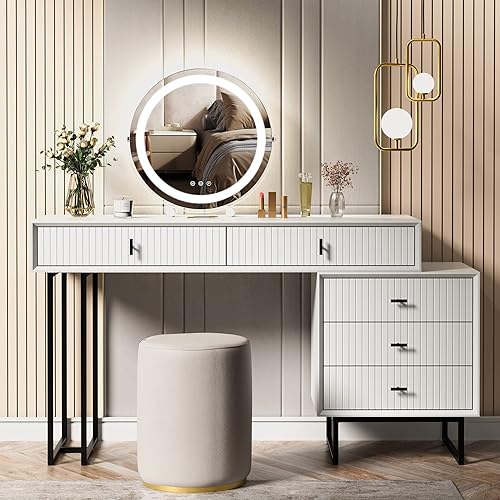 Miniatura 6 de Anbuy Espejo de tocador de 16 pulgadas con luces, 3 modos de iluminación de color, rotación de 360°, moderno espejo redondo sin marco para mesa de