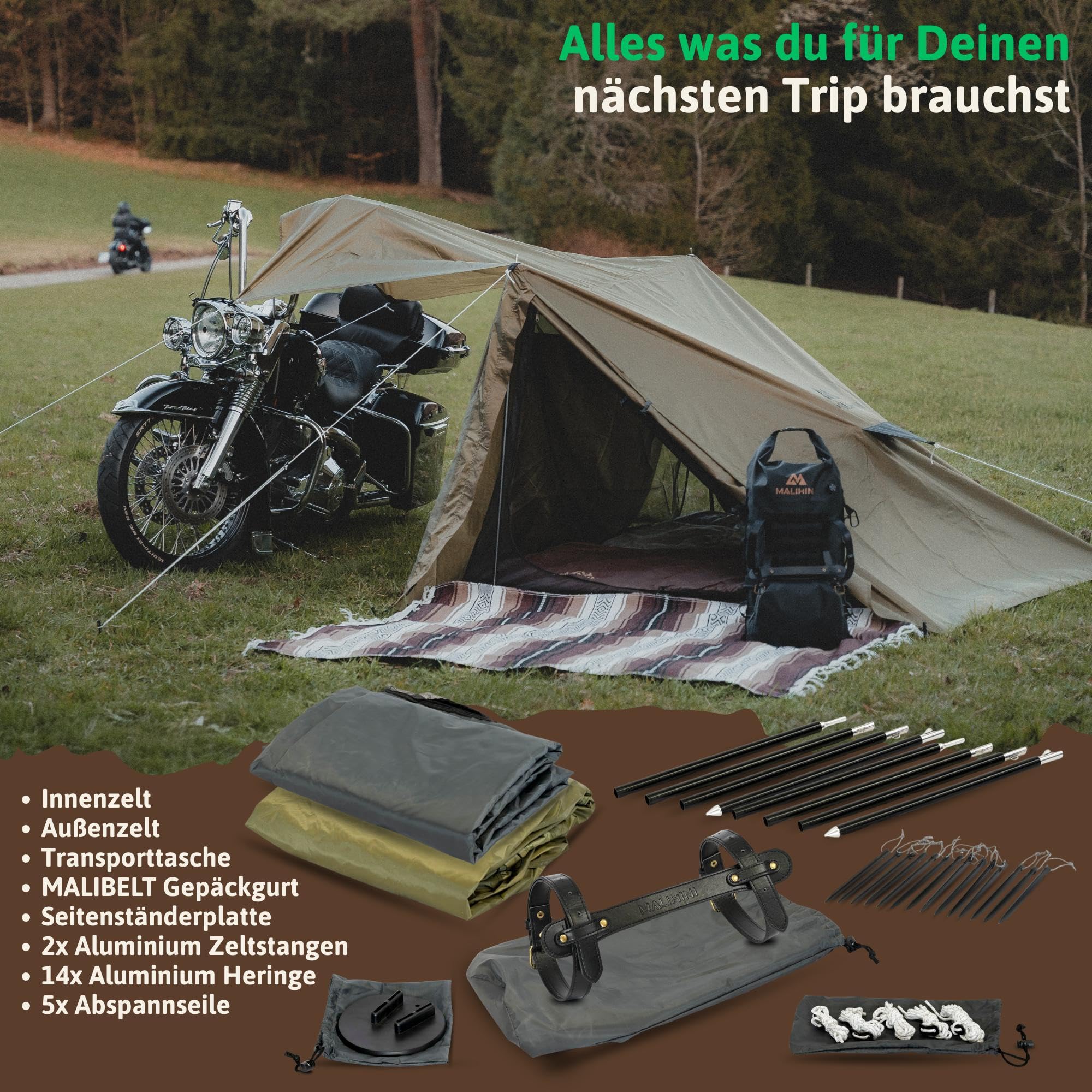 MALIHINI Tente de moto [2 personnes] – Tente de moto avec petite taille pliée, imperméable | Bâche de moto et auvent | Tente de motard pour motards | Vélo et camping