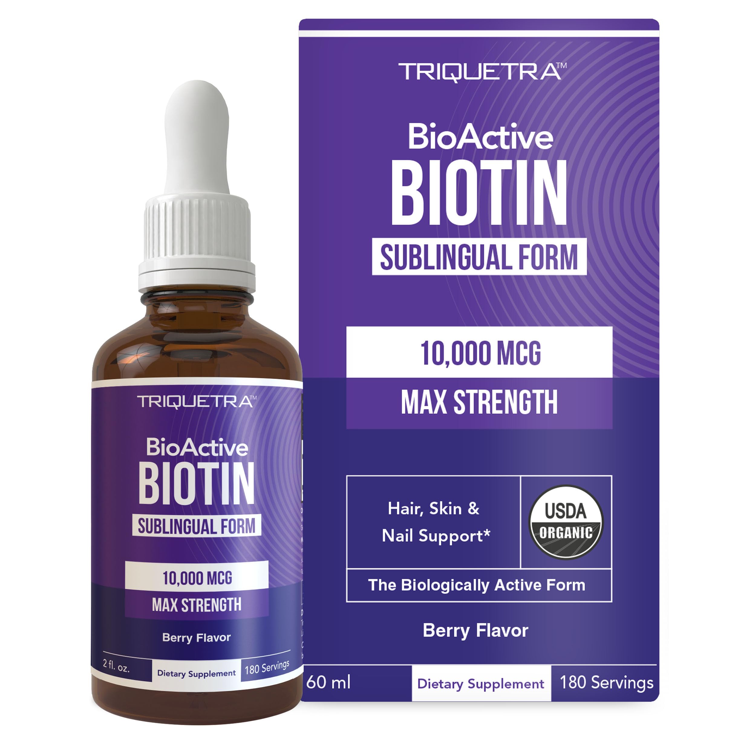 Biotin for Hair Growth Women - Organic Biotin 10000mcg - USP Grade Superior Biotin Supplement for Enhanced Absorption- Liquid Biotin Supports Hair Skin & Nails Vitamins -Berry Flavor- 180 Serving 2 oz