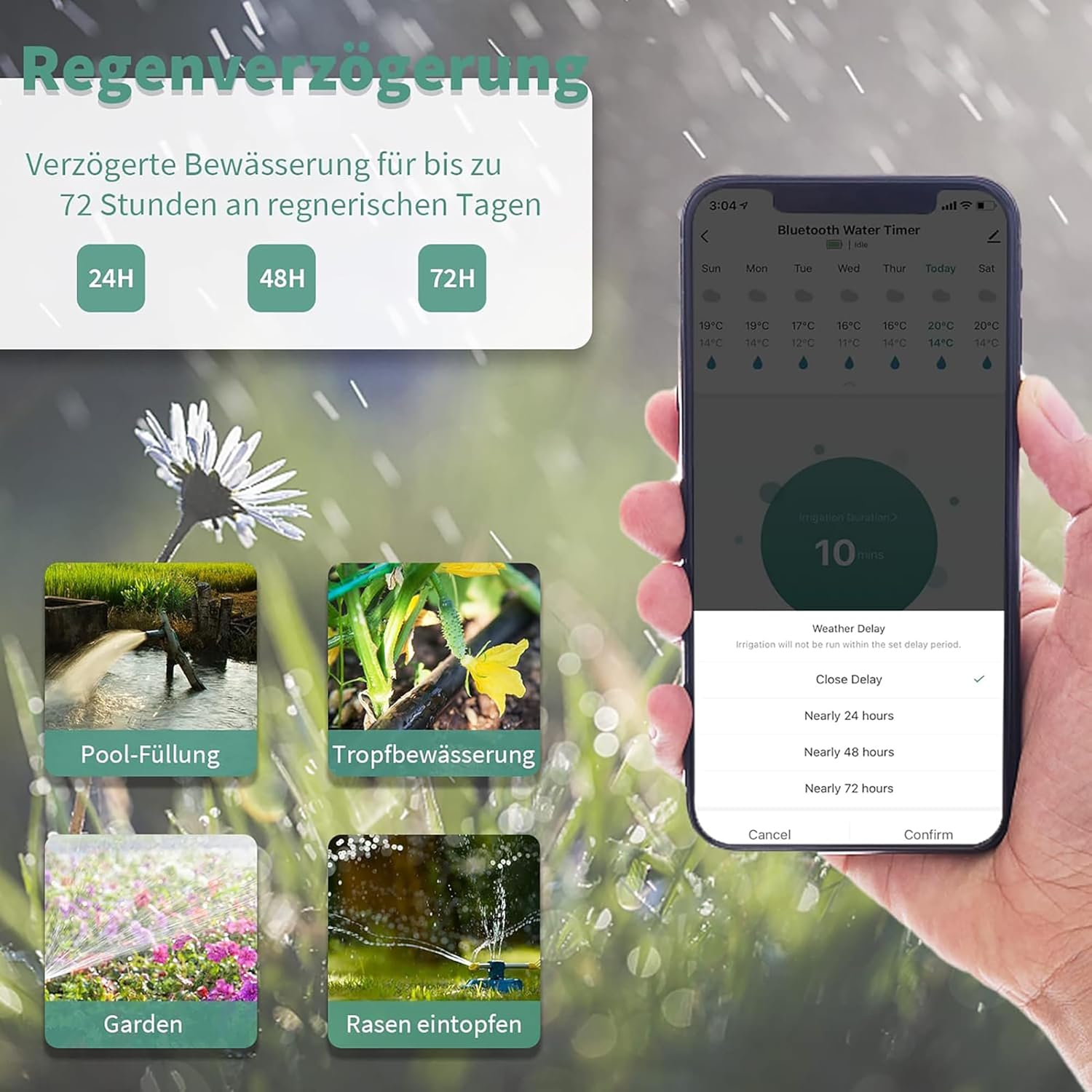 Diivoo watering timer app showing rain delay options