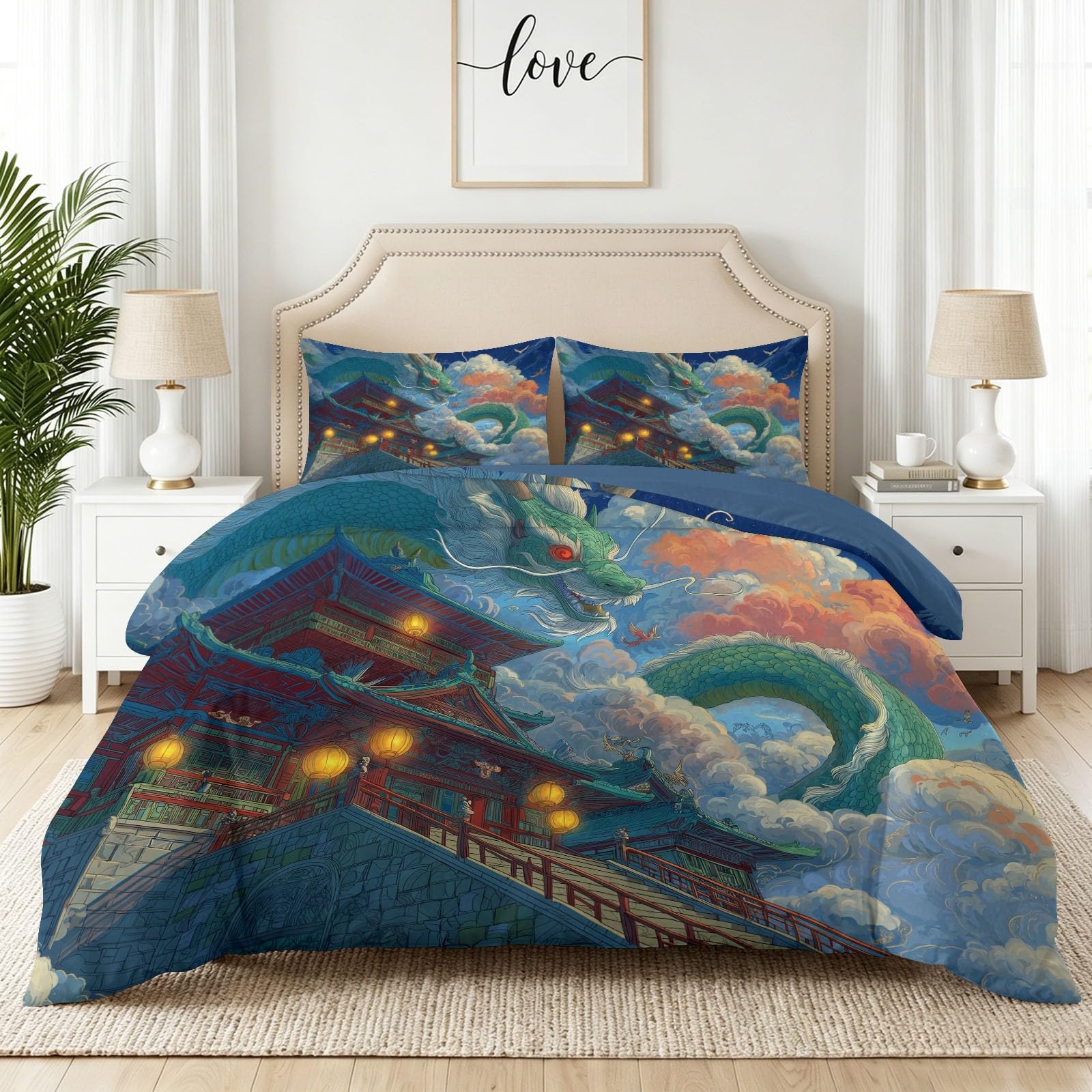 Parure de lit 220x240 cm temple dragon avec housse de couette et taies bleu