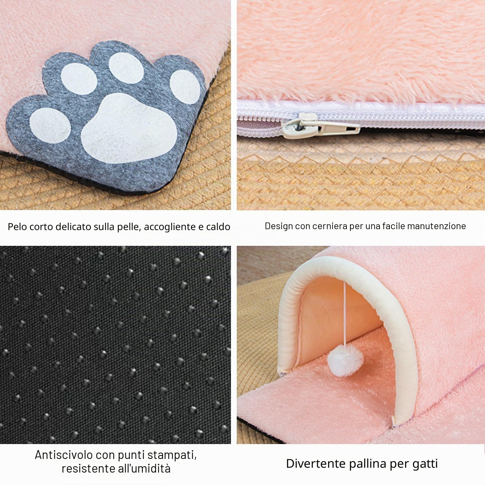 Gatto a tunnel per gatti, 2 in 1, con tappeto, per gattini rimovibili, lavabile, con giocattolo a sfera, 50 x 50 cm (rosa)