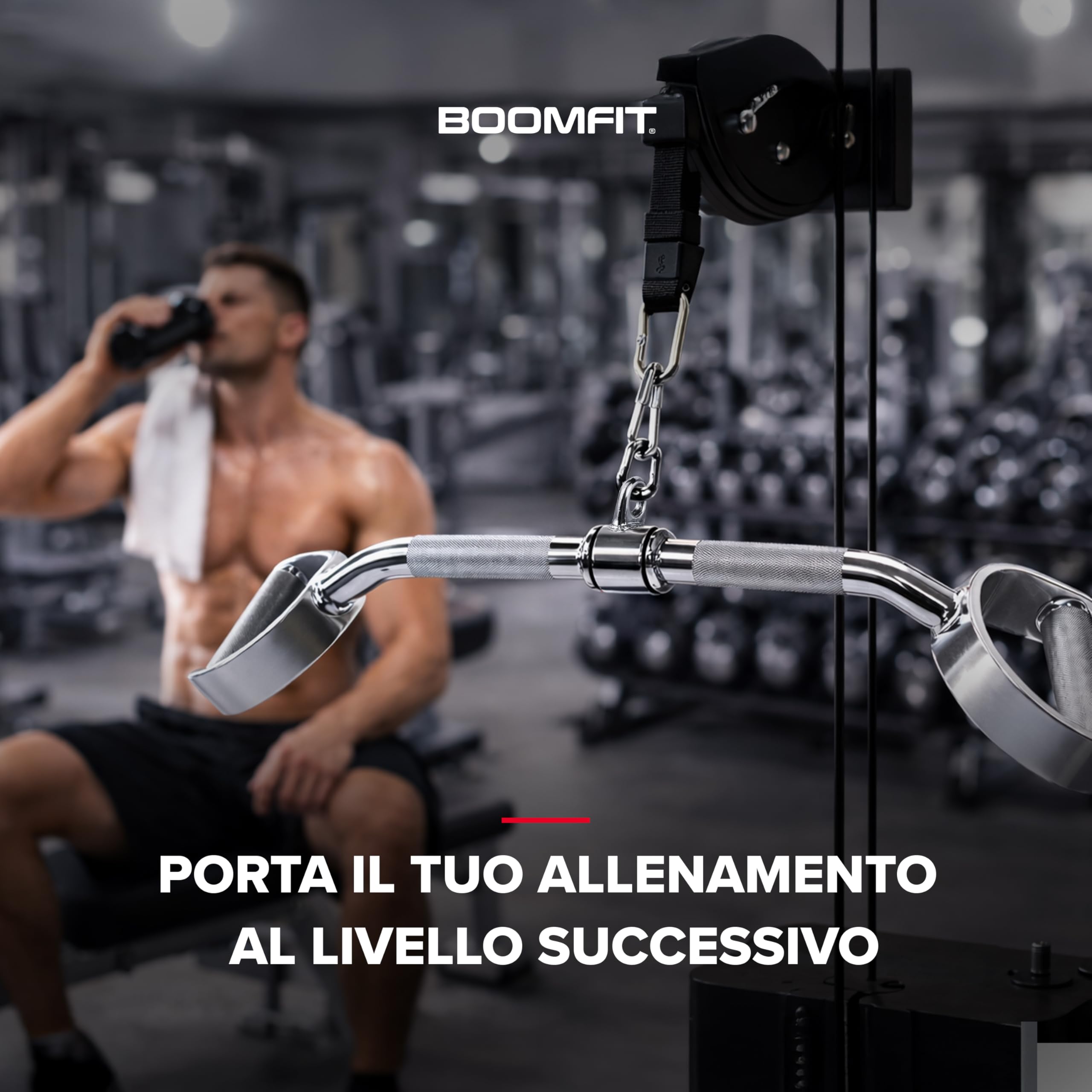 BOOMFIT Barre per LAT Machine e Pulldown in Acciaio Cromato | Presa Larga Media e Multi Posizione per Dorsali Ampi e Schiena | 5 Modelli da 49 a 120 cm con Moschettone Universale | Attacco a moschettone universale a cambio rapido, compatibile con qualsias