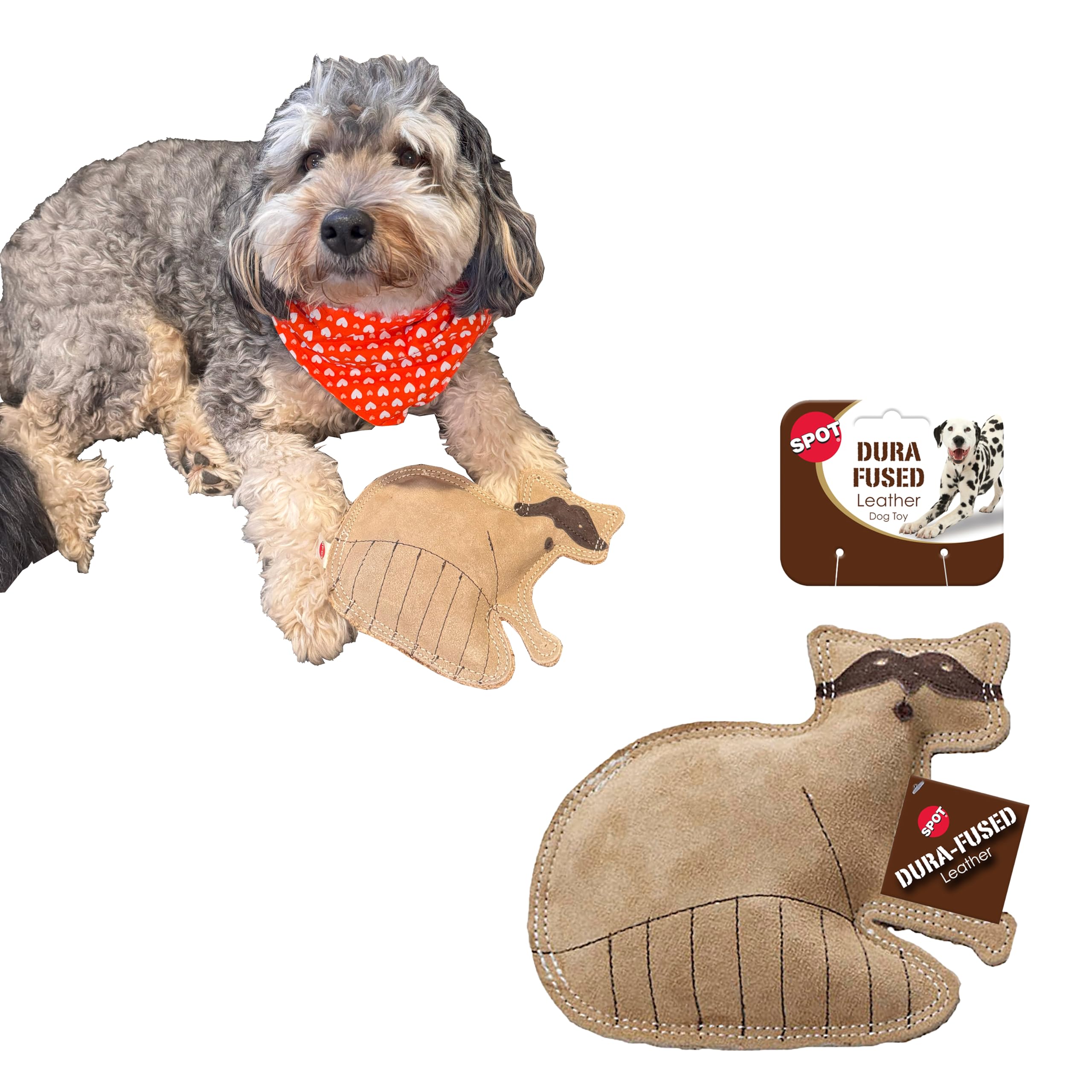 SPOT Dura-Fused Leather Raccoon Dog Toy – Real Leather & Jute Fabric, Double-Stitched & Durable, Squeaky Interactive Chew Toy for Moderate Chewers,