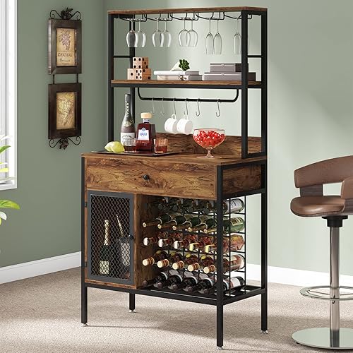 Miniatura 1 de Tribesigns Estante de vino de 64 pulgadas gabinete de barra de vino de 5 niveles con 6 ganchos gabinete de licor de gran capacidad de 32 botellas