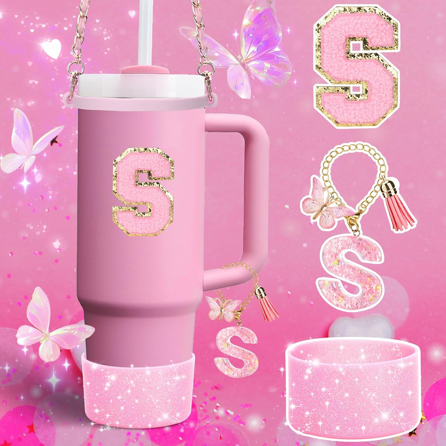 Mity rain 9PCS Pink Cup Accessories Set for Stanley Cup 30oz 40oz tumbler with handle - Includes Strap,Straw Bow Decorate,Straw Topper,Boot,Spill Proof Stoppers,Handle Charms,Sticker (Initials S) - Image 5