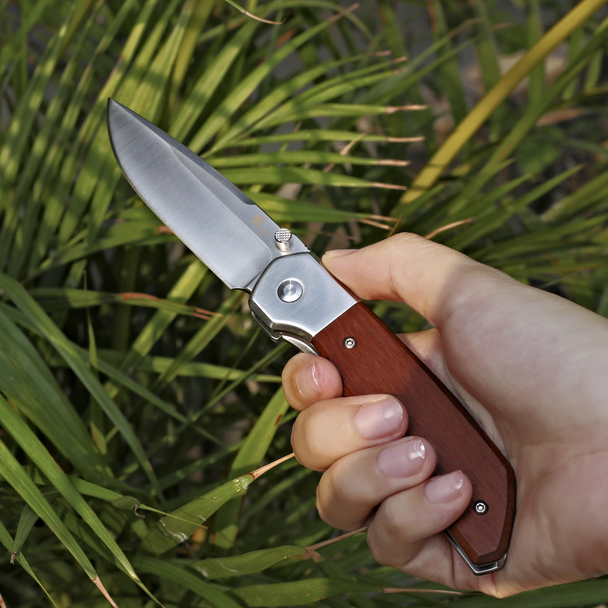 Front-Flipper-Klappmesser, Herrenmesser, D2-Klinge mit hochwertigem Holzgriff und tiefem Taschenclip, Camping-Jagd-Taschenmesser, EDC-Messer-Gentlemen-Folder mit (Groß)