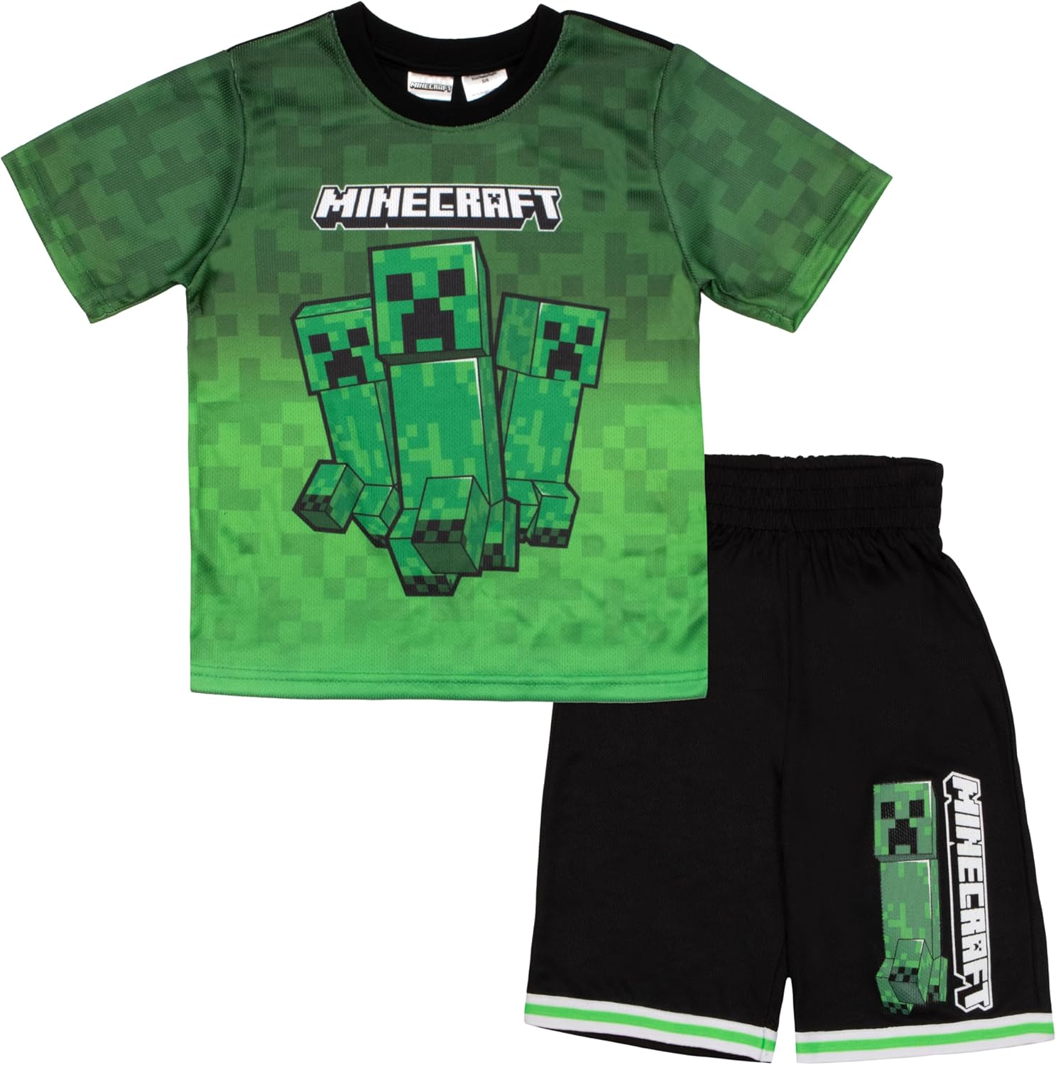 Minecraft Creeper Boys Short Sleeve T-Shirt & Shorts, 2-Piece Gamer Outfit Set for Kids and Toddlers