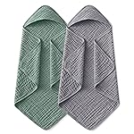 Yoofoss Hooded Baby Towels for Newborn 2 Pack 100% Muslin Organic Cotton Baby Bath Towel with Hood for Babies, Infant, Toddler and Kids,37.5x37.5,Soft and Absorbent Newborn Essential,Grey&Dark Green