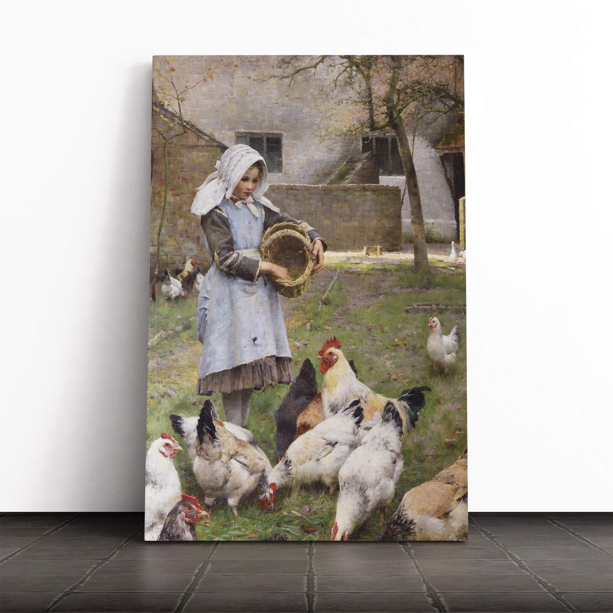 Walter Osborne Feeding The Chickens Canvas Print | Gallery Wrapped 30mm Frame Wall Art | 24x16 inches | Ready to Hang | Modern Picture | Living Room Bedroom Lounge Office